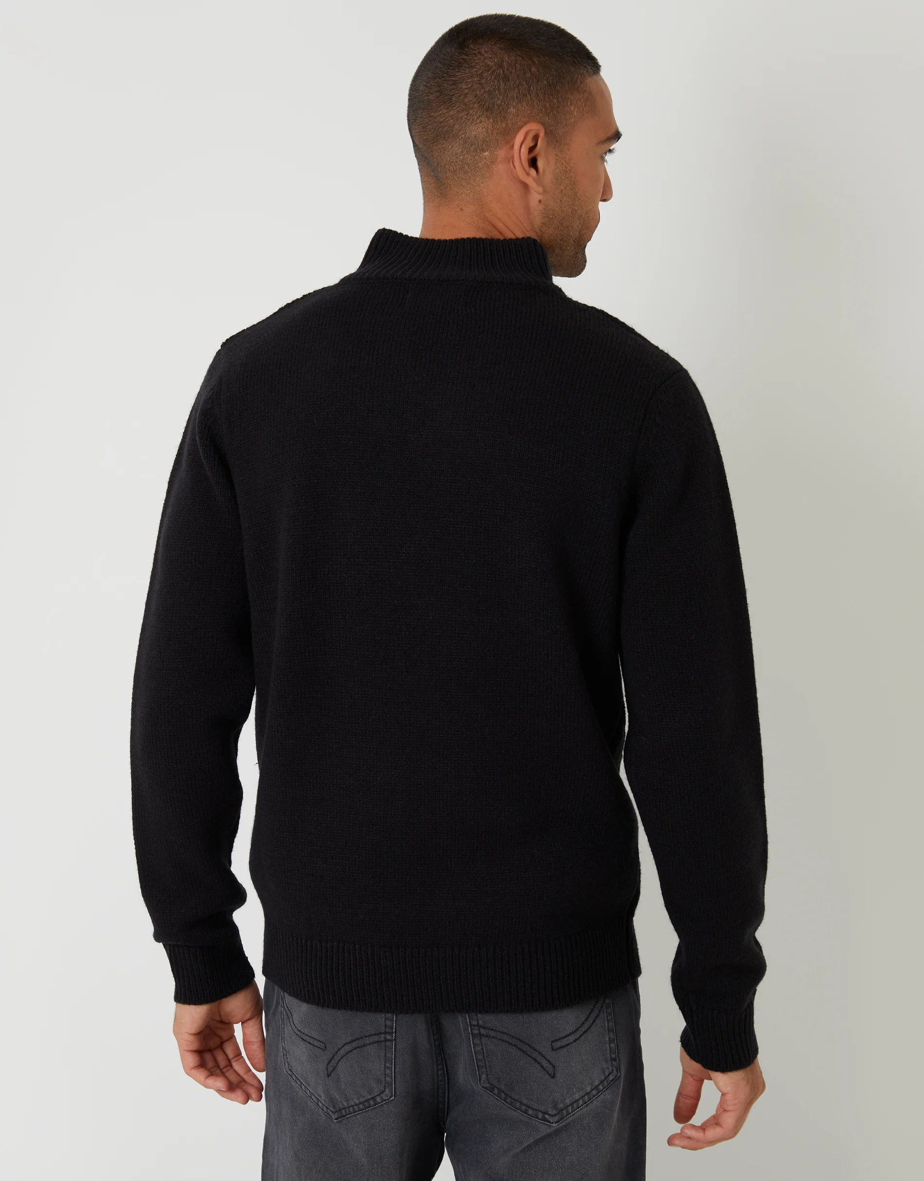 Mock Neck Funnel Neck Cable Knit Jumper in Black - Image 2