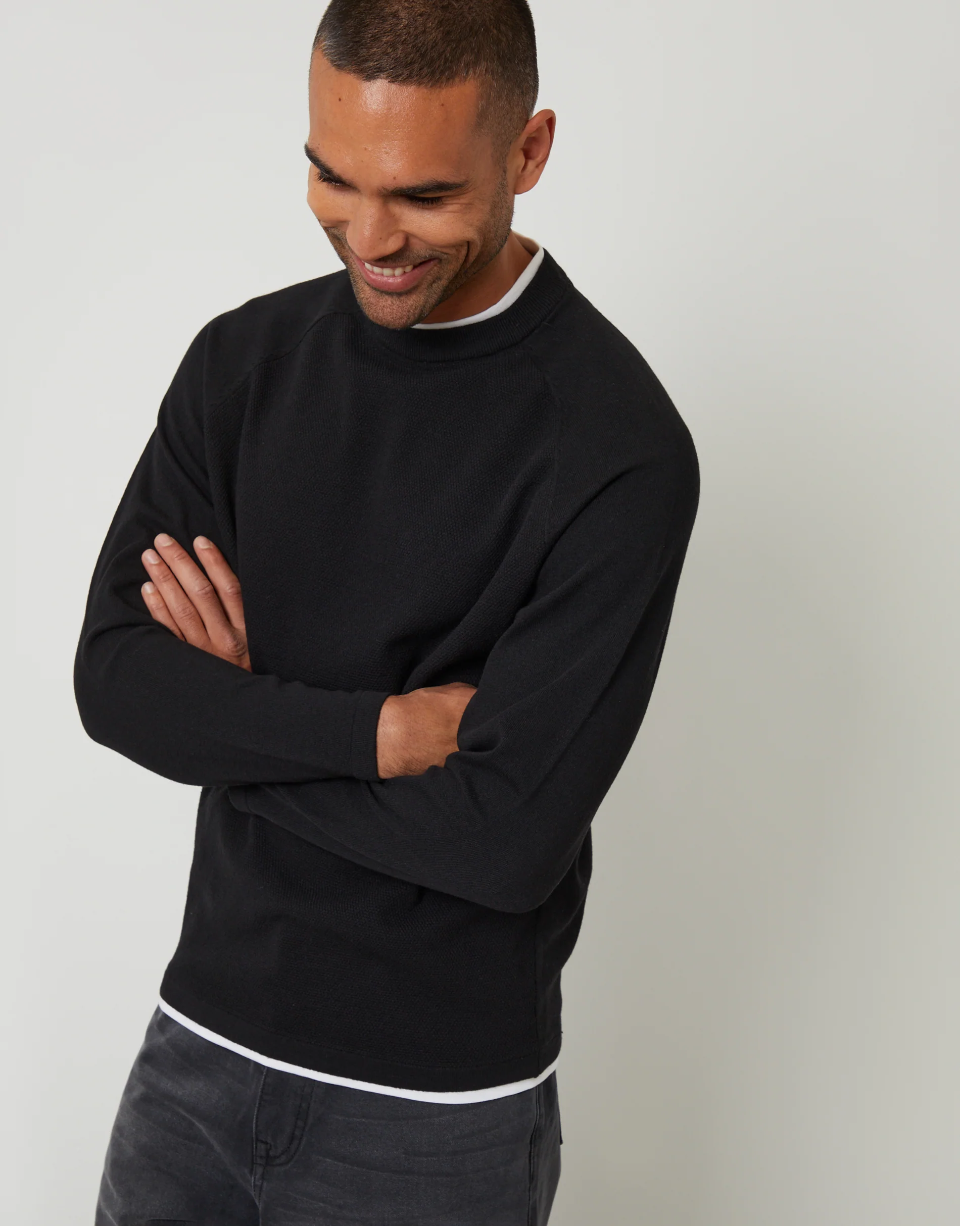 Mock Tee Textured Knit Crew Neck Jumper in Black