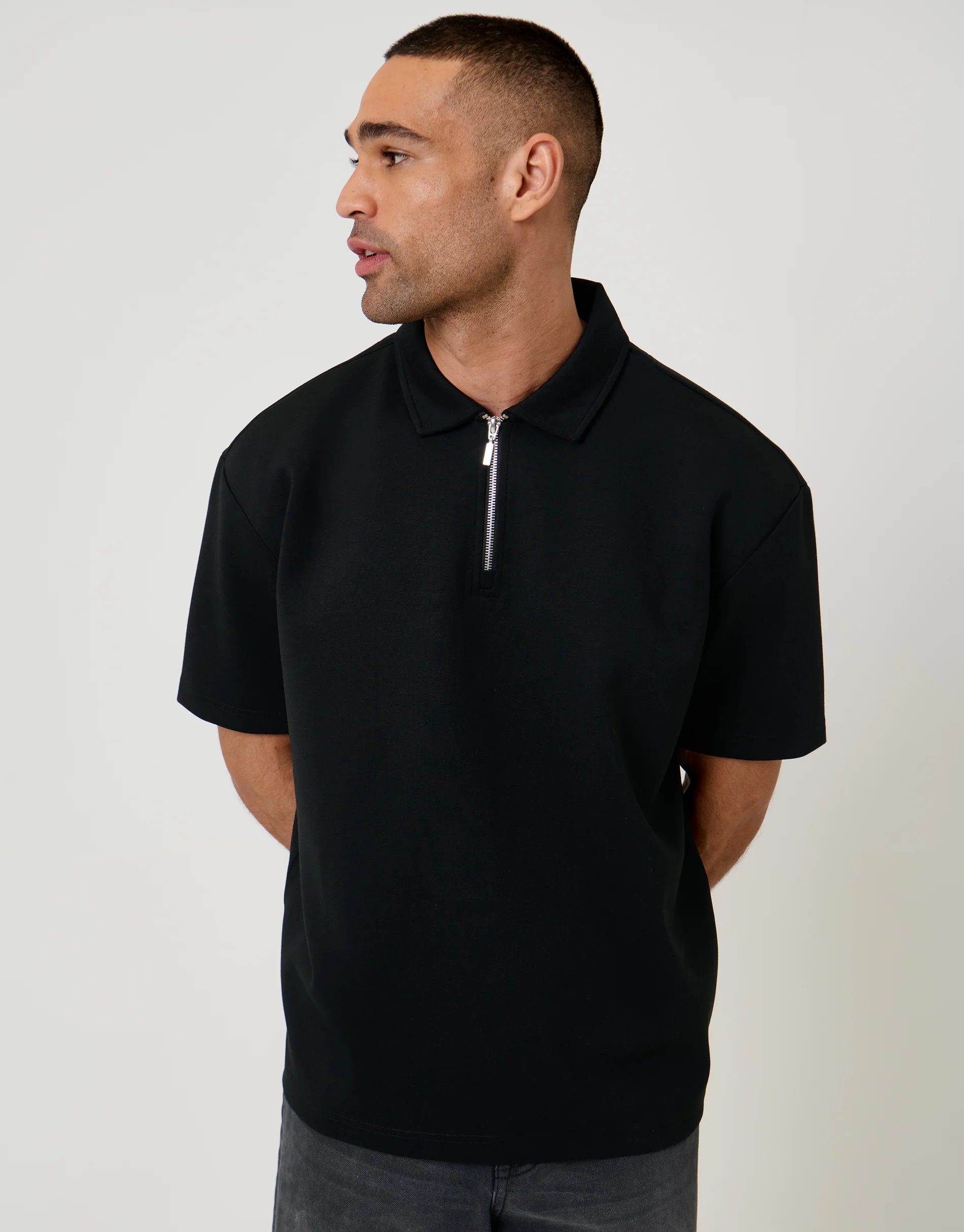 Oversized Quarter Zip Polo Shirt in Black