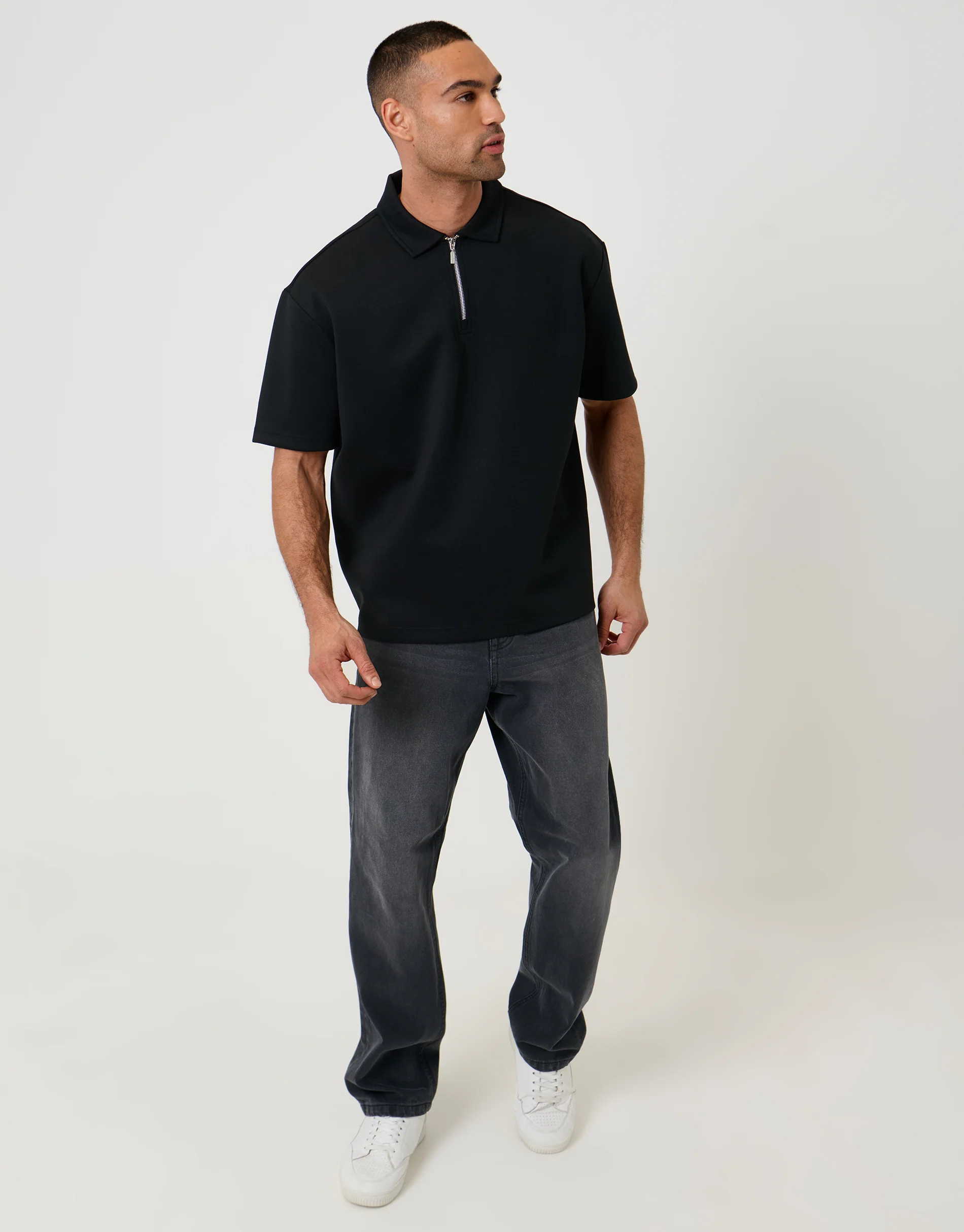 Oversized Quarter Zip Polo Shirt in Black - Image 3