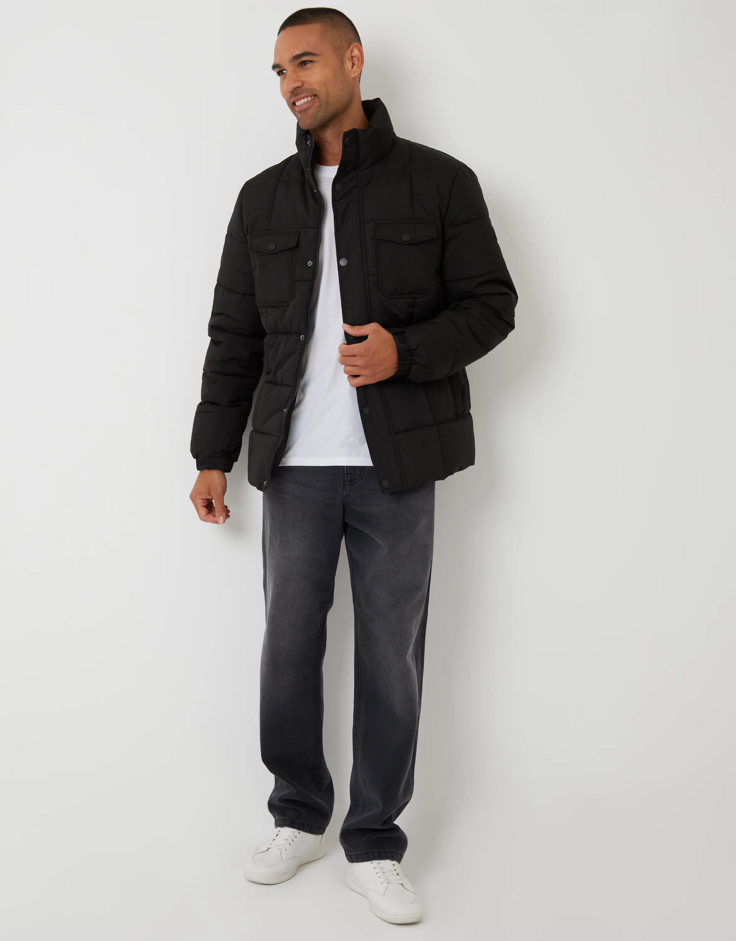 Padded Funnel Neck Jacket in Black - Image 3