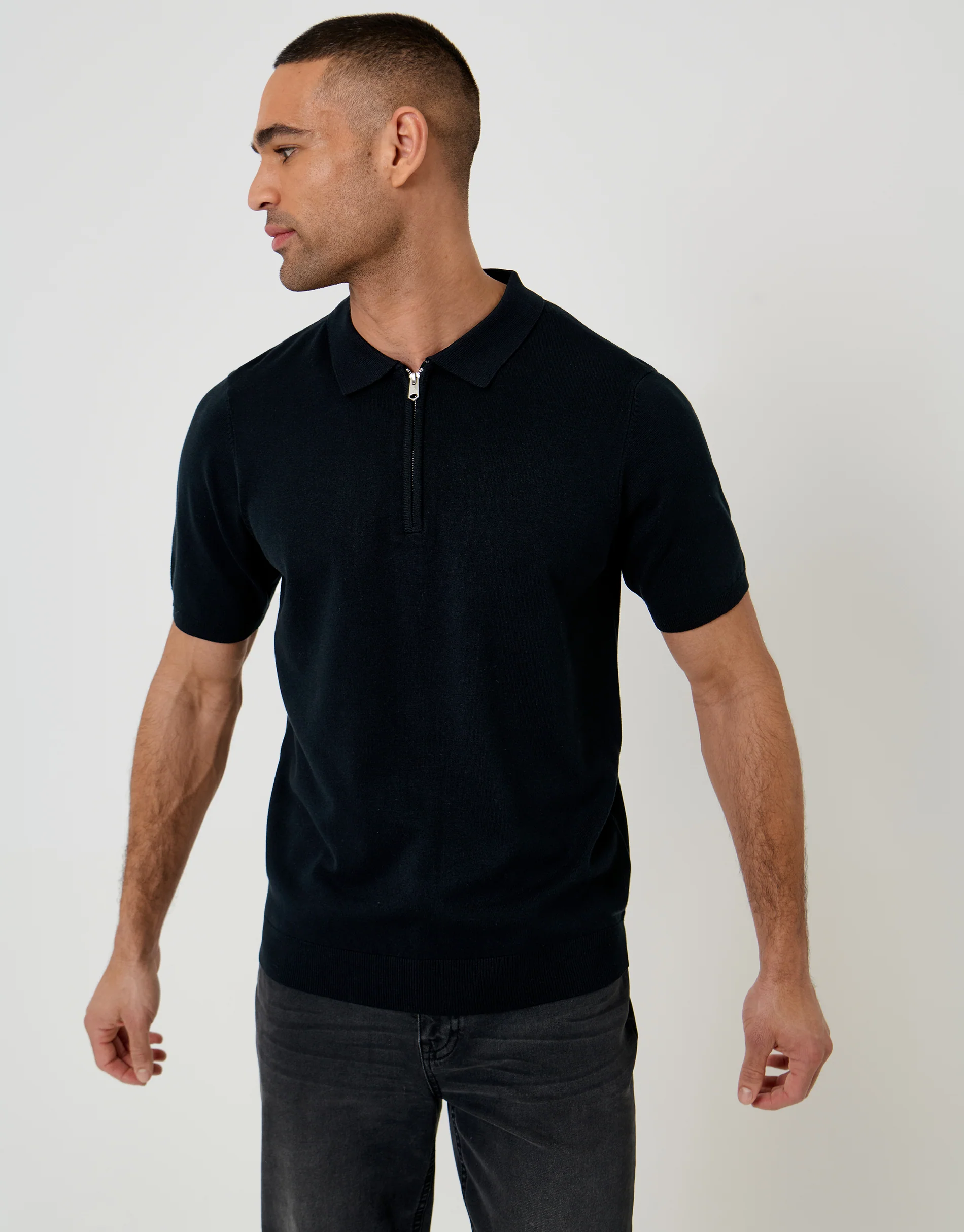 Quarter Zip Knitted Polo in Black
