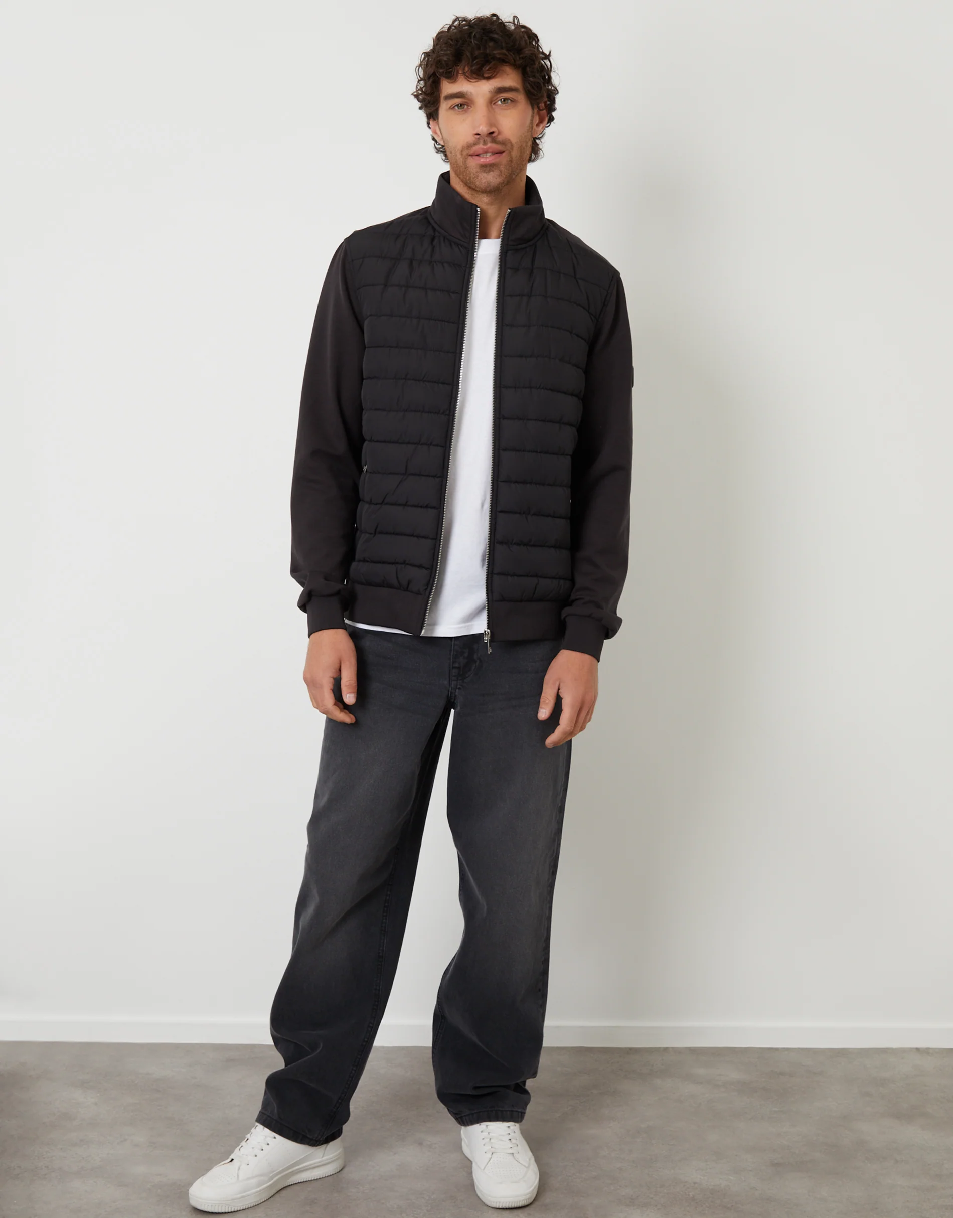 Quilted Hybrid Funnel Neck Jacket in Black - Image 3
