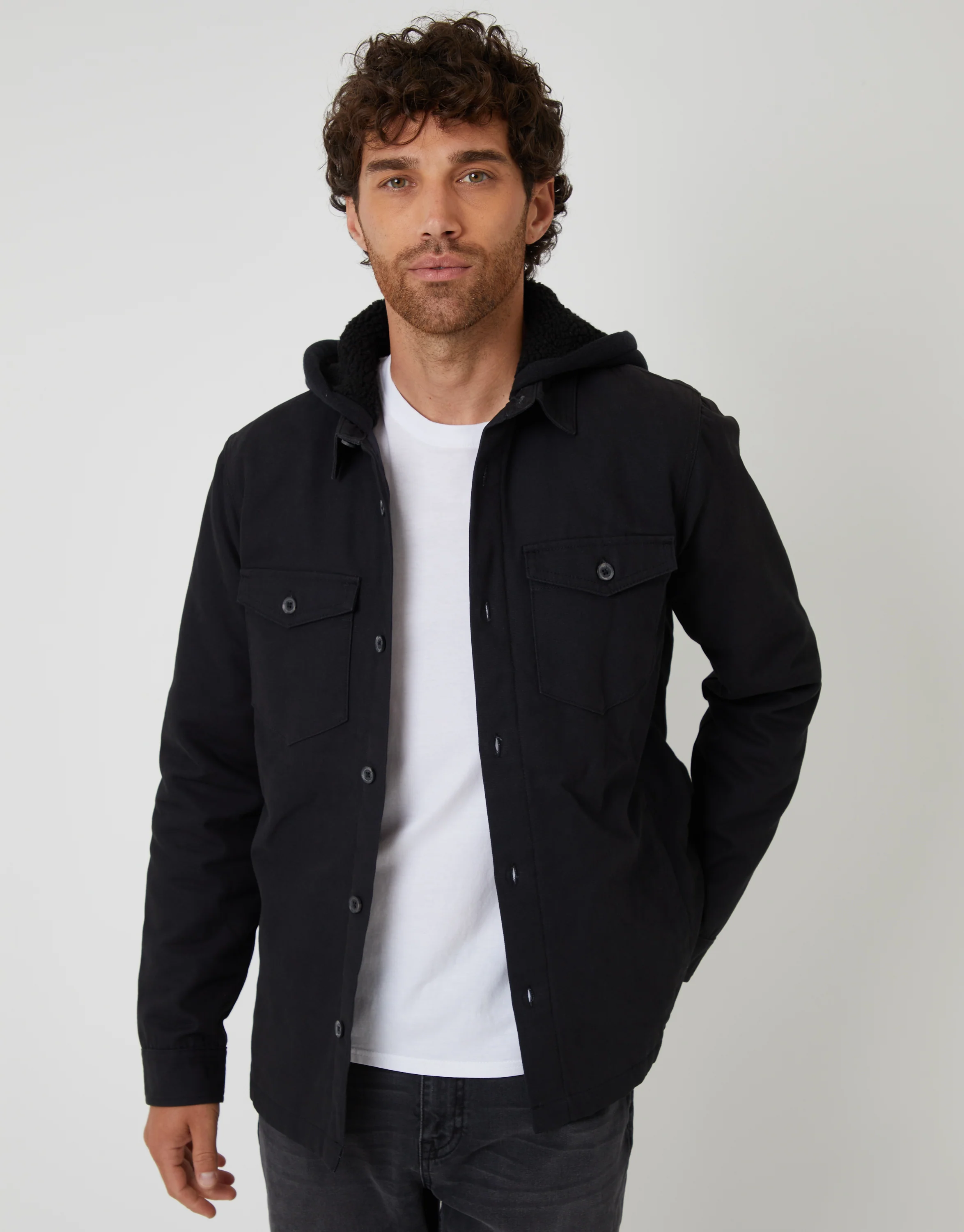 Quilted Shacket with Borg Lined Hood in Black