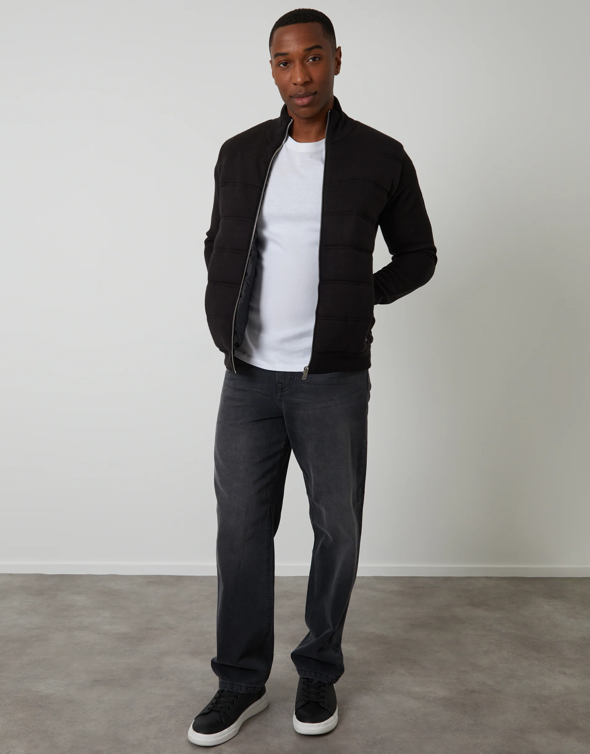 Quilted Zip Up Knitted Jacket in Black - Image 3