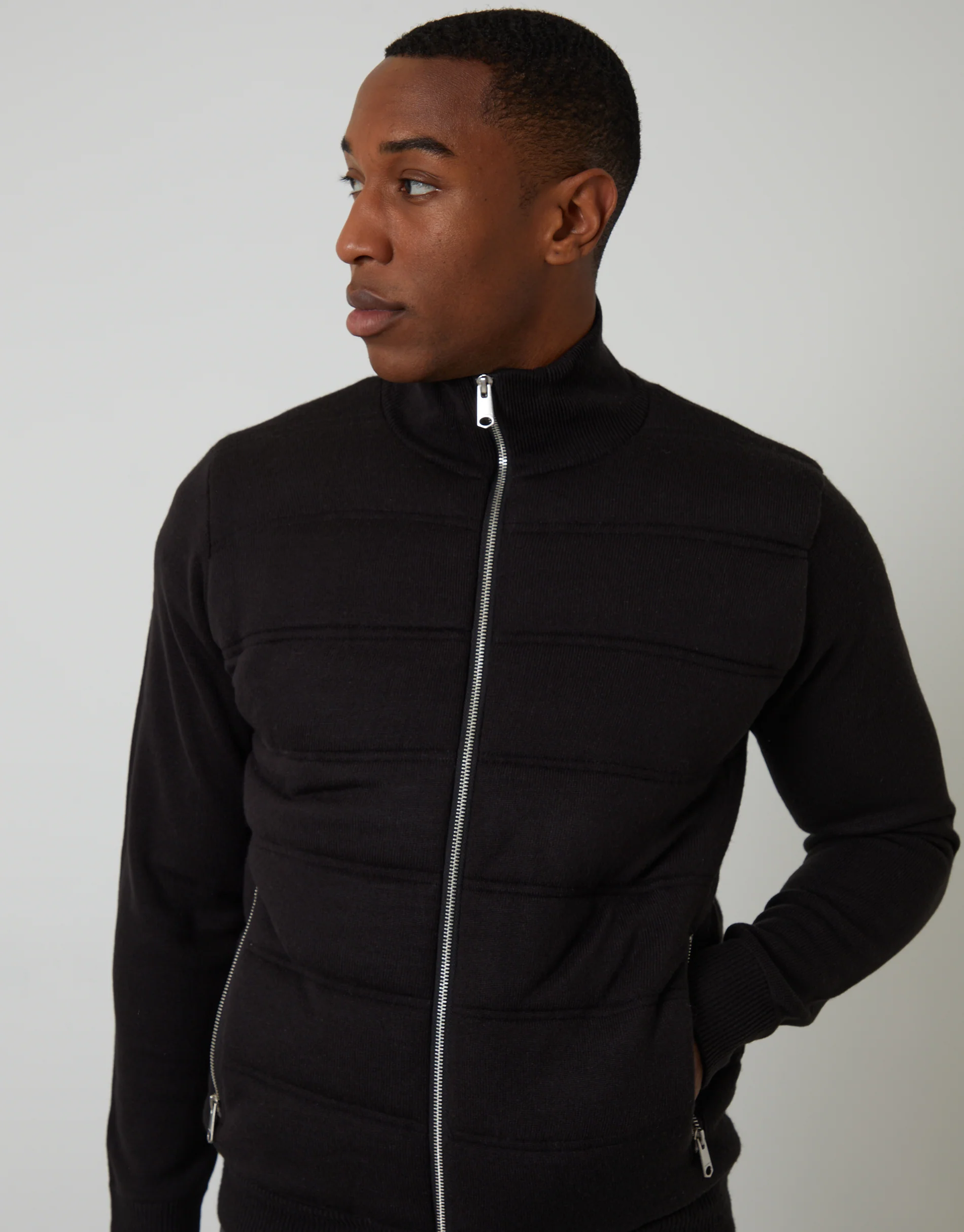 Quilted Zip Up Knitted Jacket in Black - Image 4