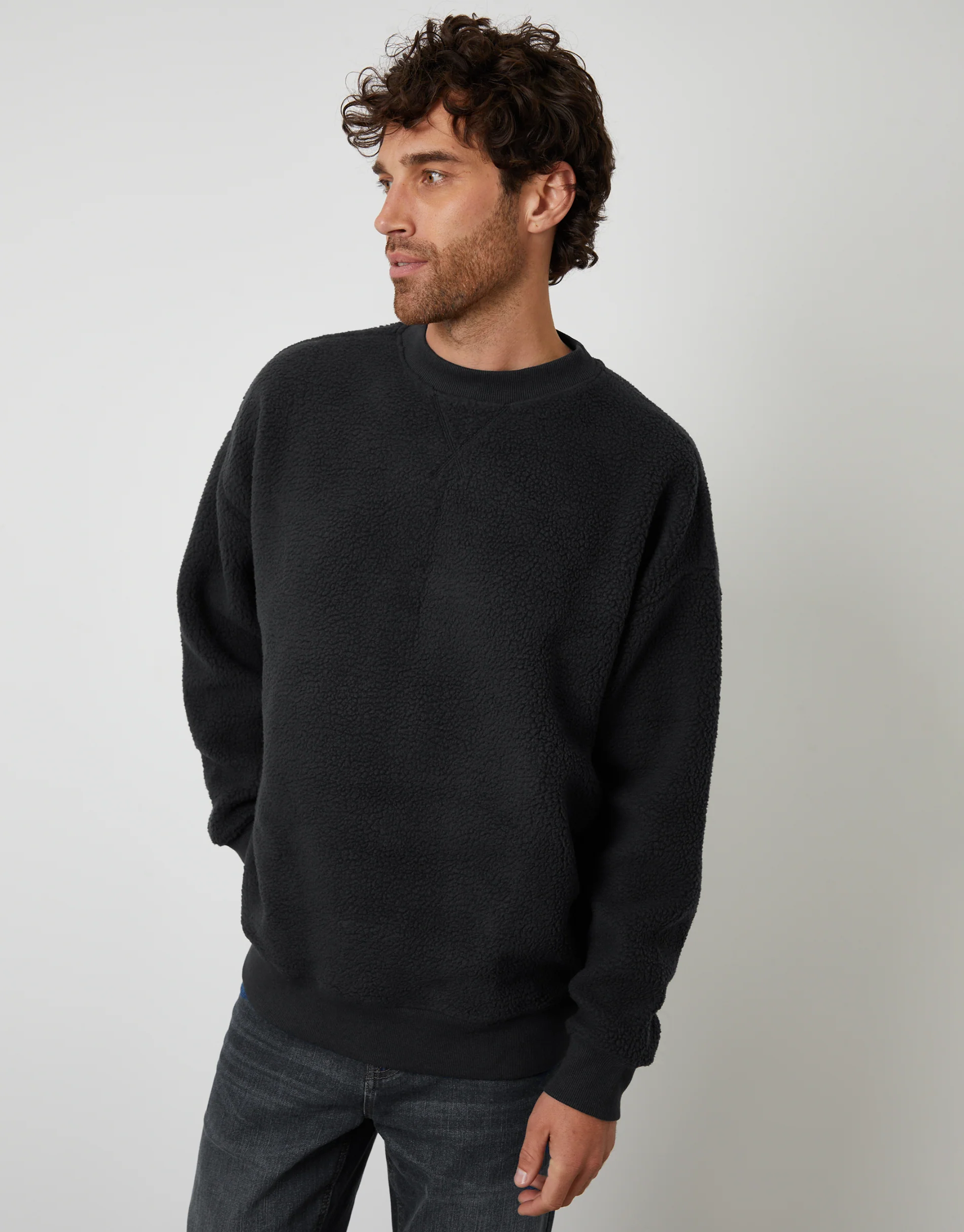 Relaxed Fit Crew Neck Borg Sweatshirt in Black