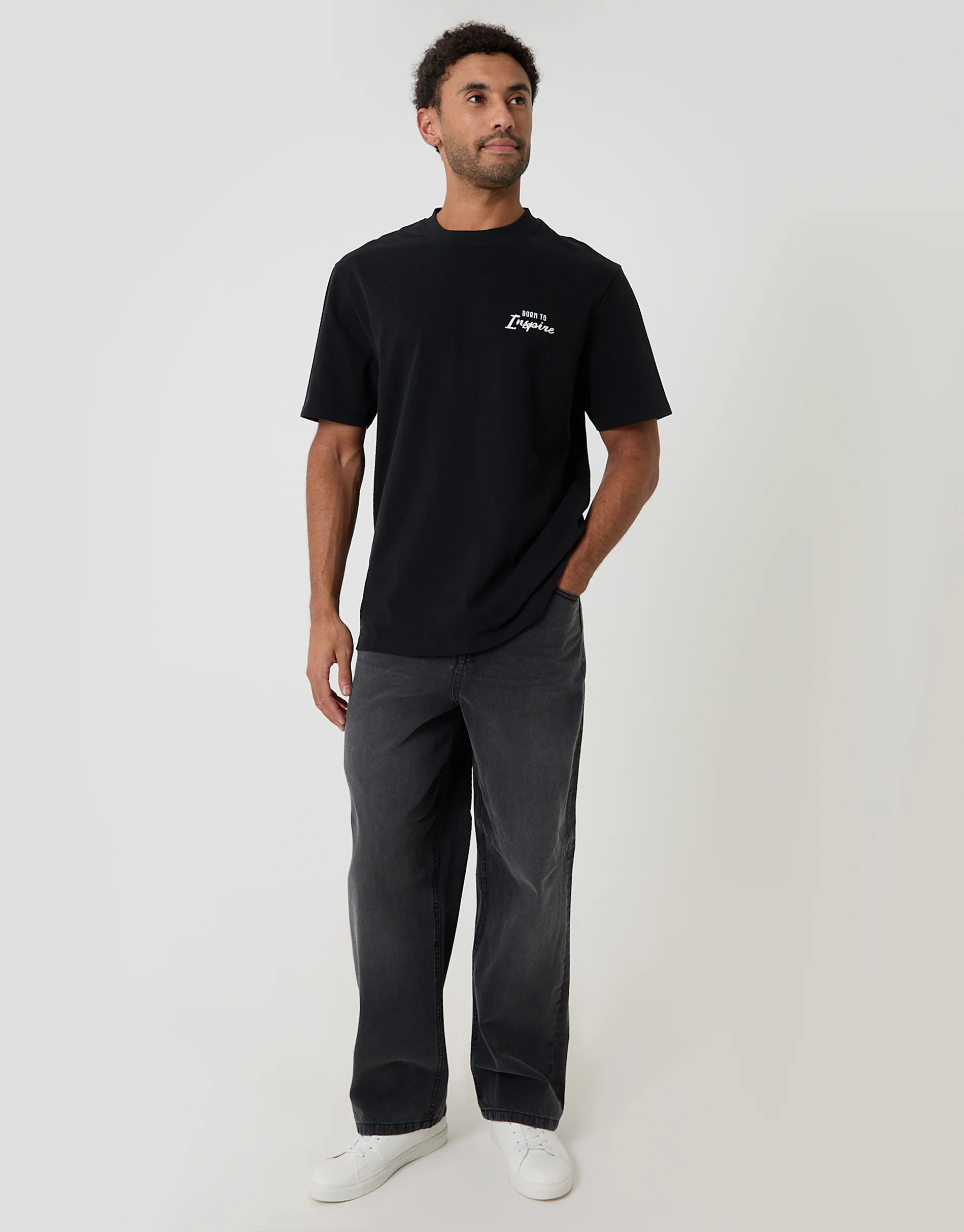 Relaxed Fit Inspire Peached Cotton T-Shirt in Black - Image 3