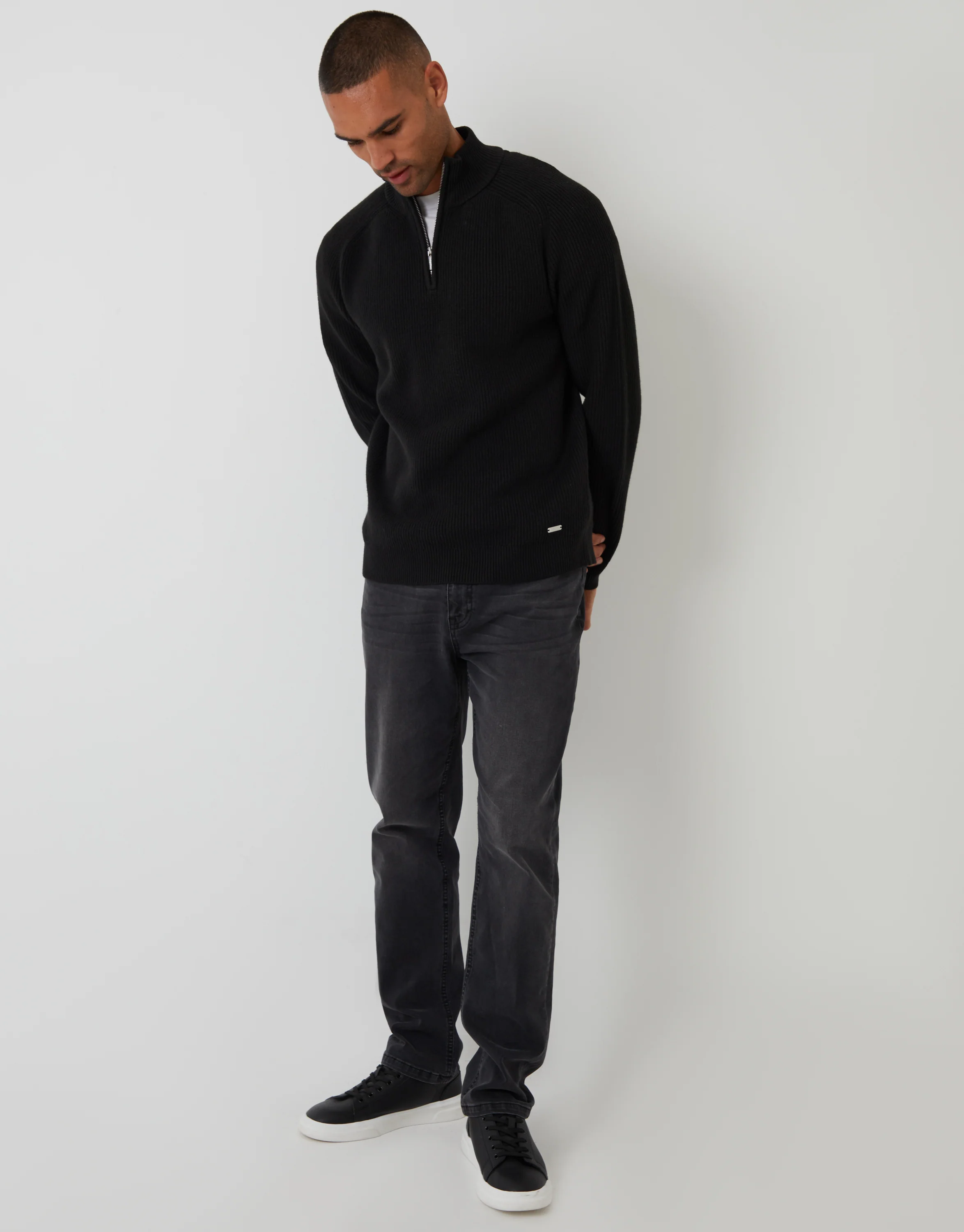 Rib Panel Quarter Zip Knitted Jumper in Black - Image 3