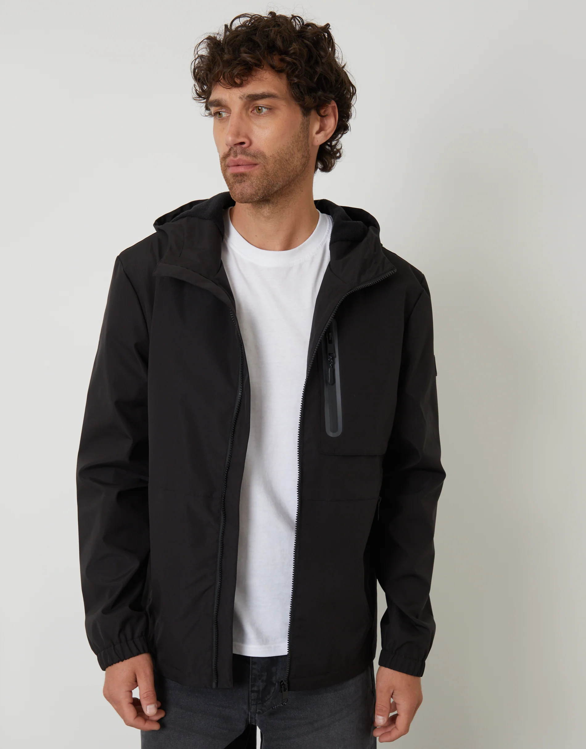Showerproof Hooded Microfleece Lined Jacket in Black