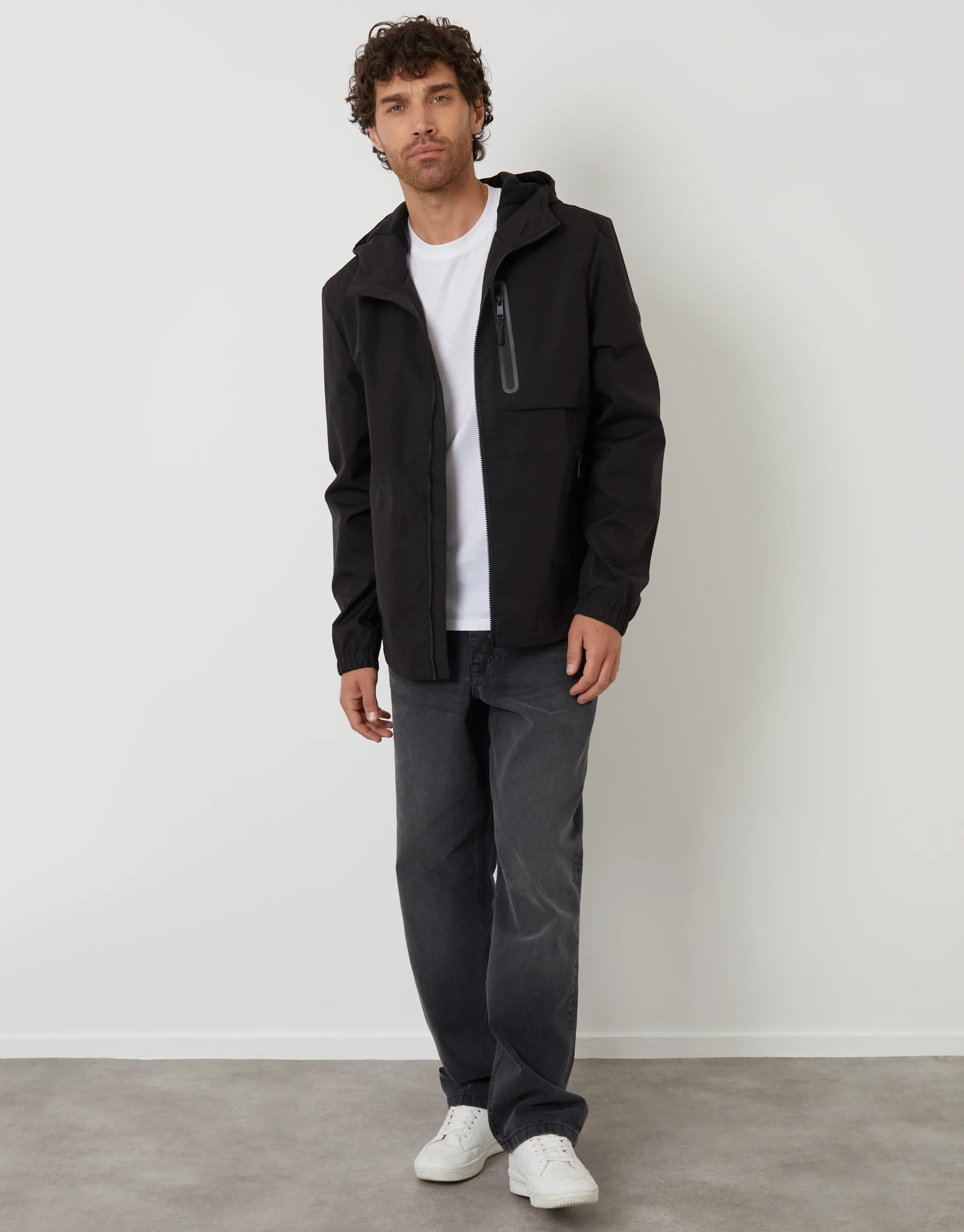 Showerproof Hooded Microfleece Lined Jacket in Black - Image 3