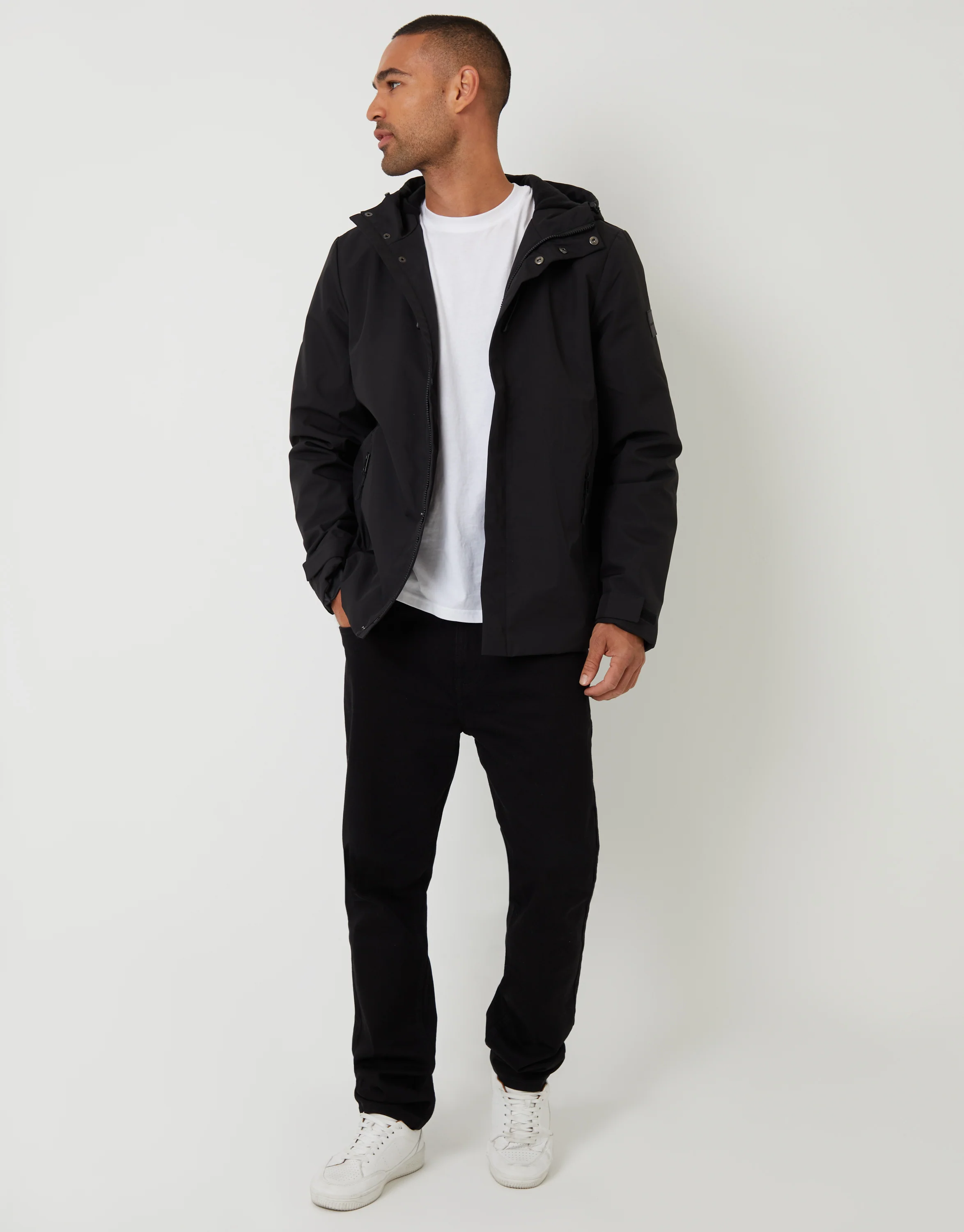 Showerproof Hooded Microfleece Lined Jacket in Black - Image 3
