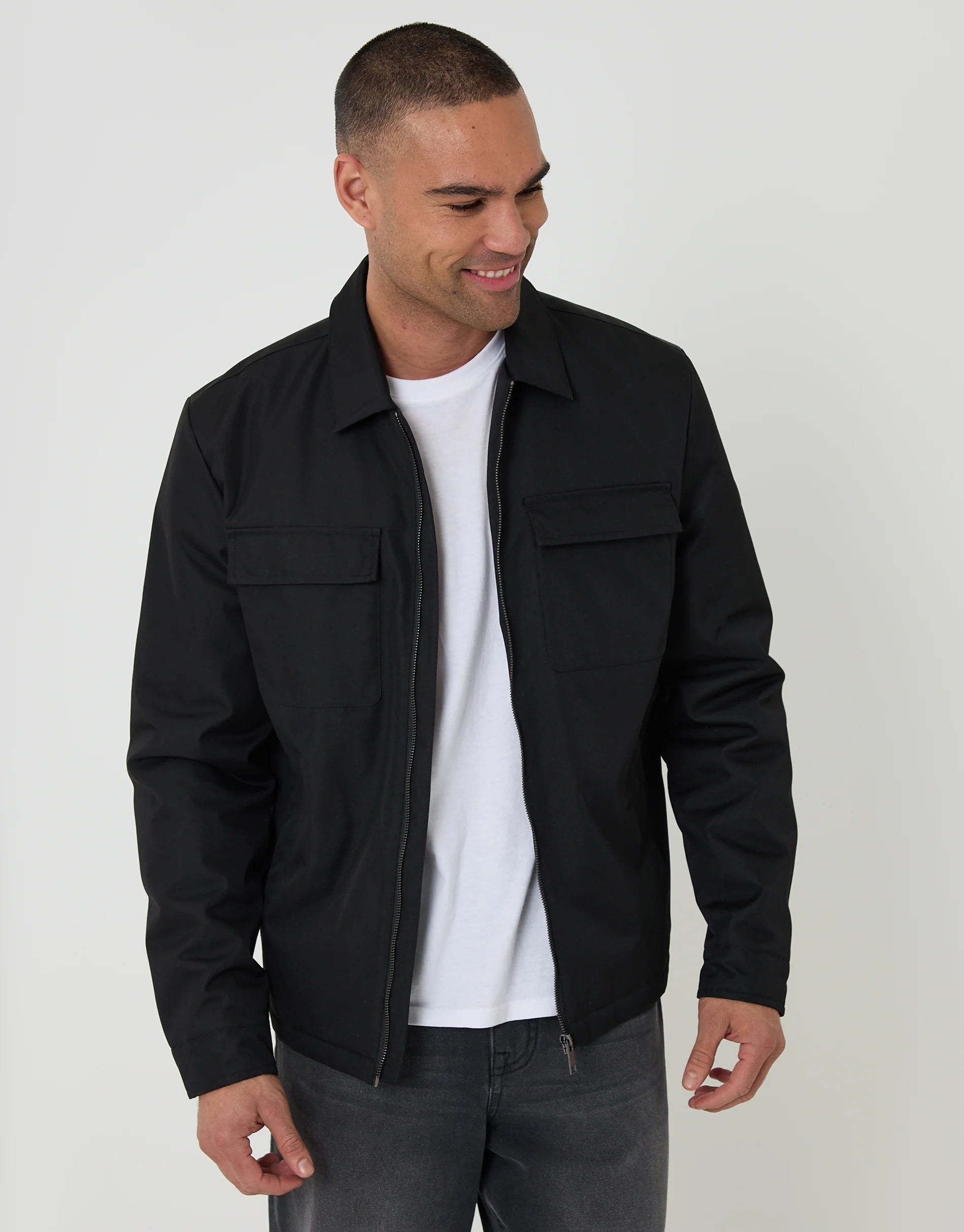 Showerproof Lightweight Collared Zip Up Jacket in Black