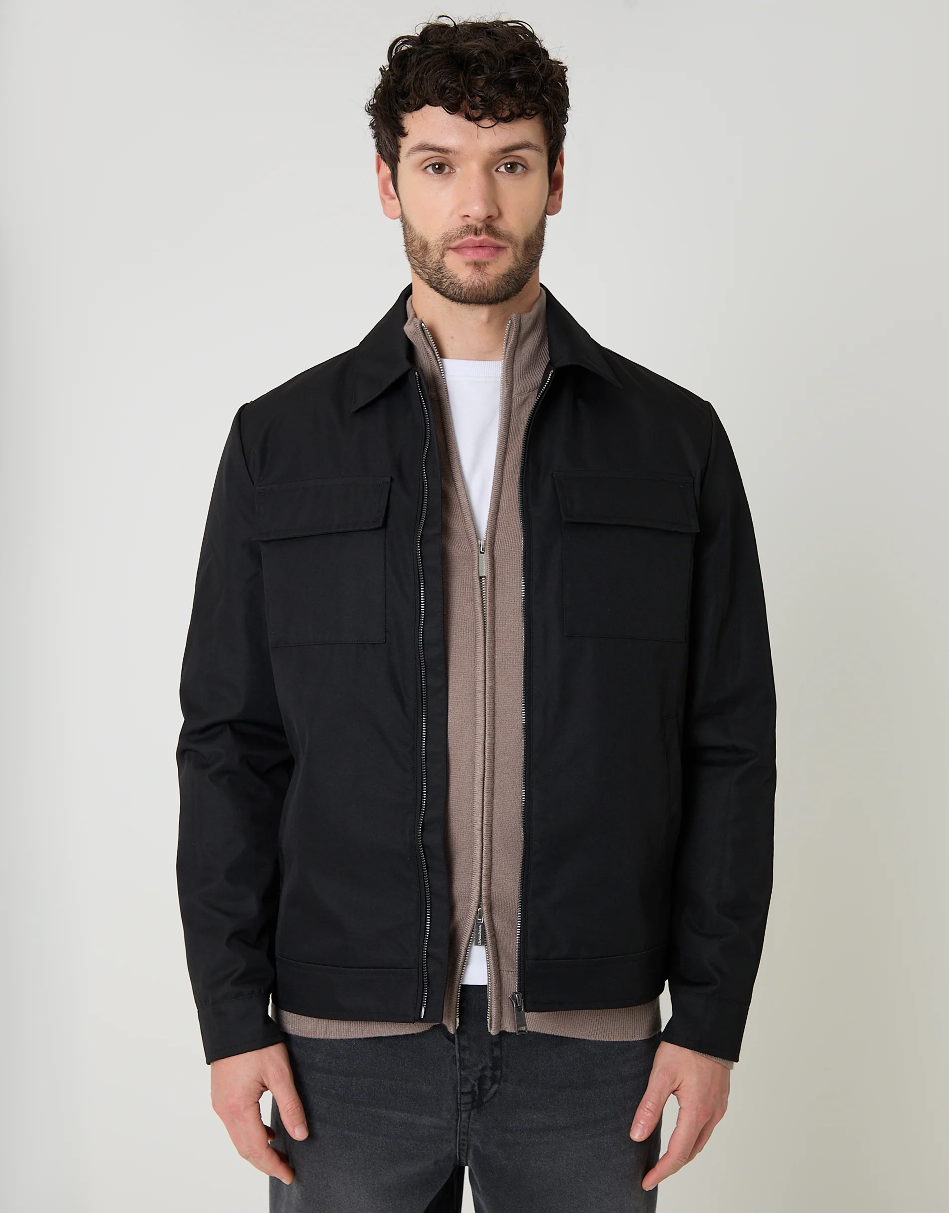 Showerproof Lightweight Zip Up Jacket With Collar in Black