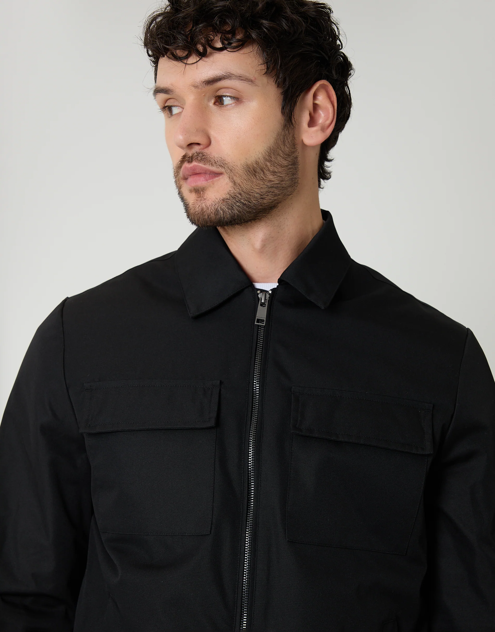 Showerproof Lightweight Zip Up Jacket With Collar in Black - Image 4