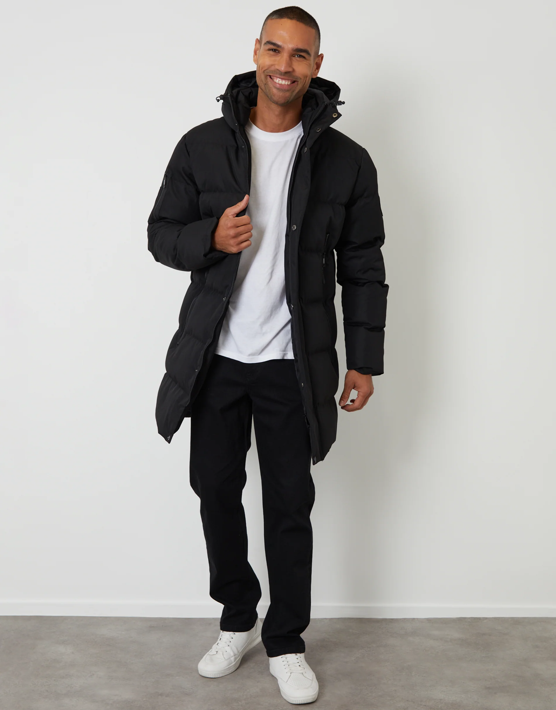 Showerproof Longline Hooded Puffer Jacket in Black - Image 3