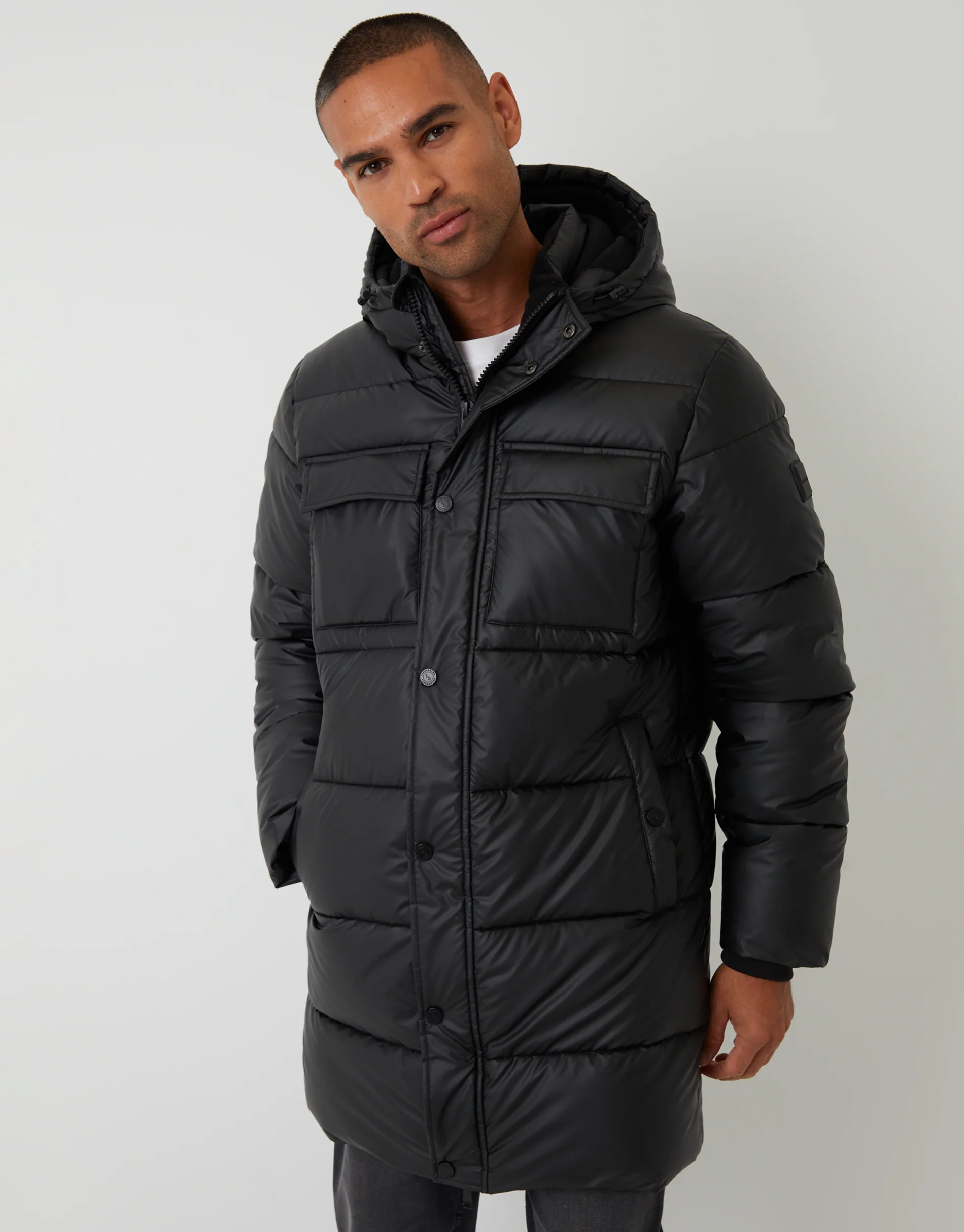 Showerproof PU Longline Puffer Coat in Black