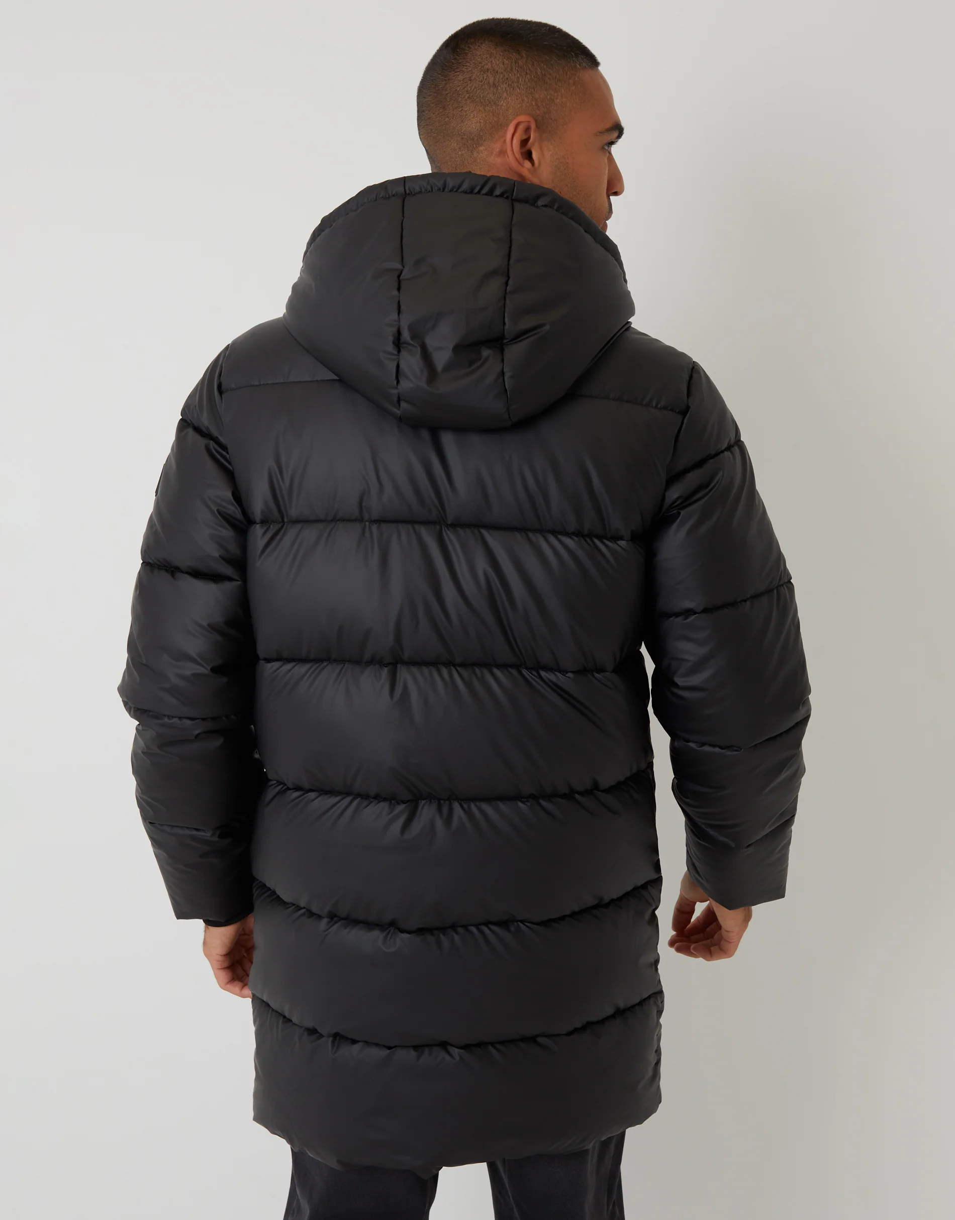 Showerproof PU Longline Puffer Coat in Black - Image 2
