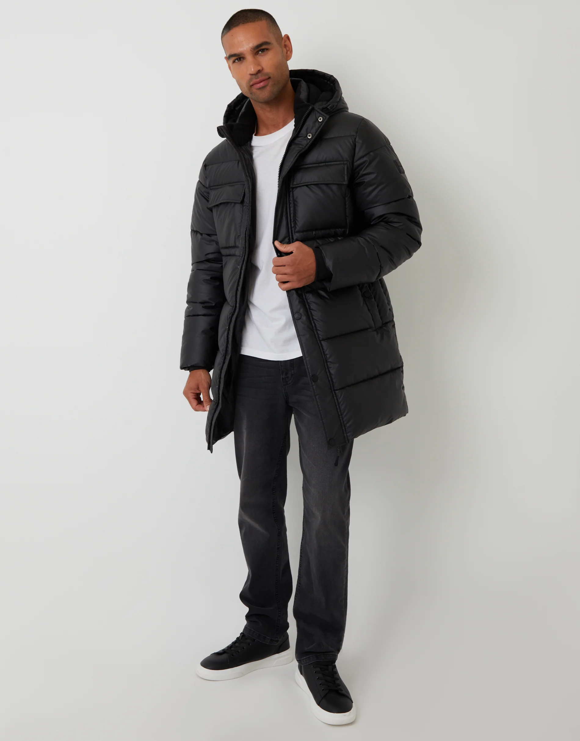 Showerproof PU Longline Puffer Coat in Black - Image 3