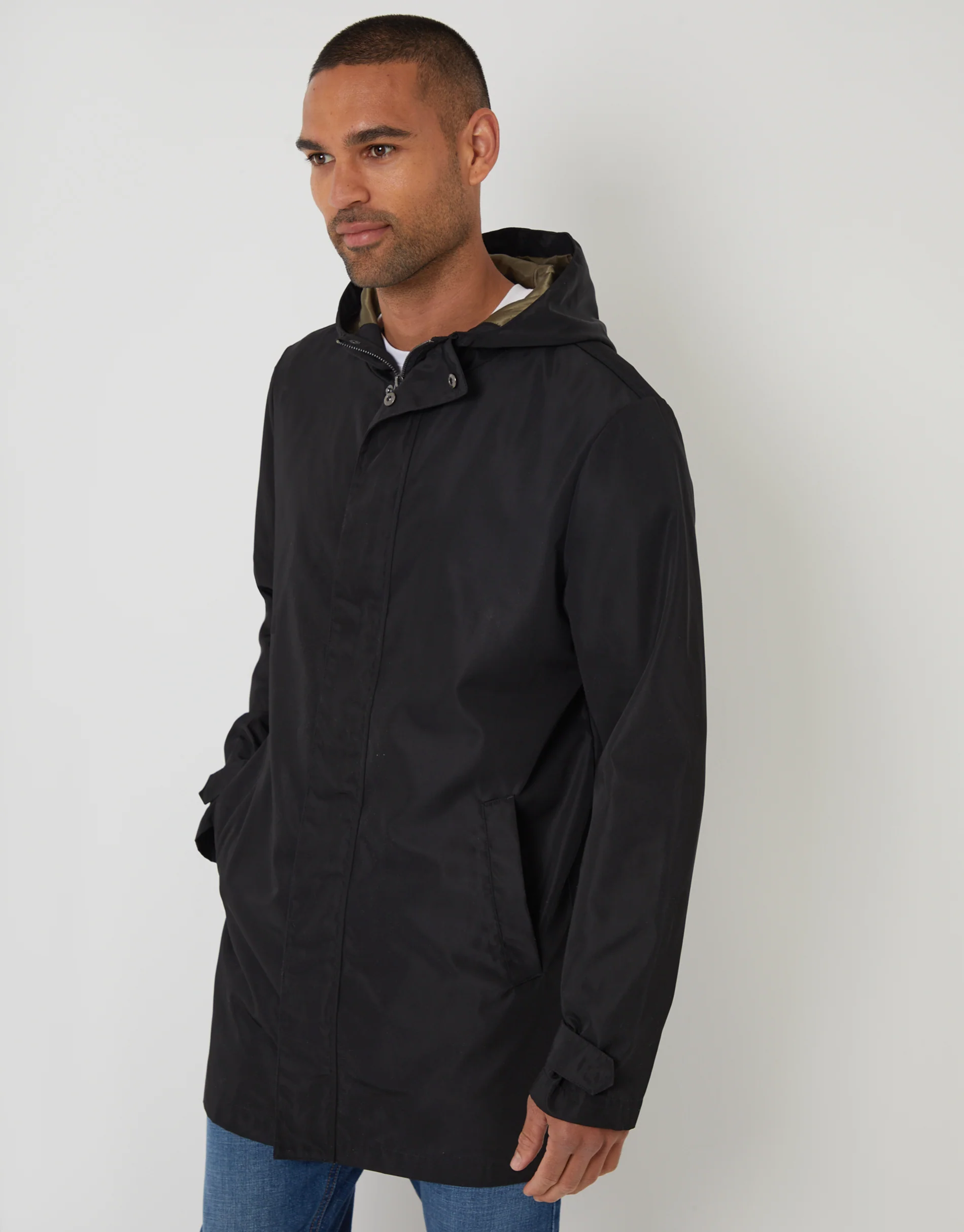 Showerproof Zip Up Hooded Raincoat in Black