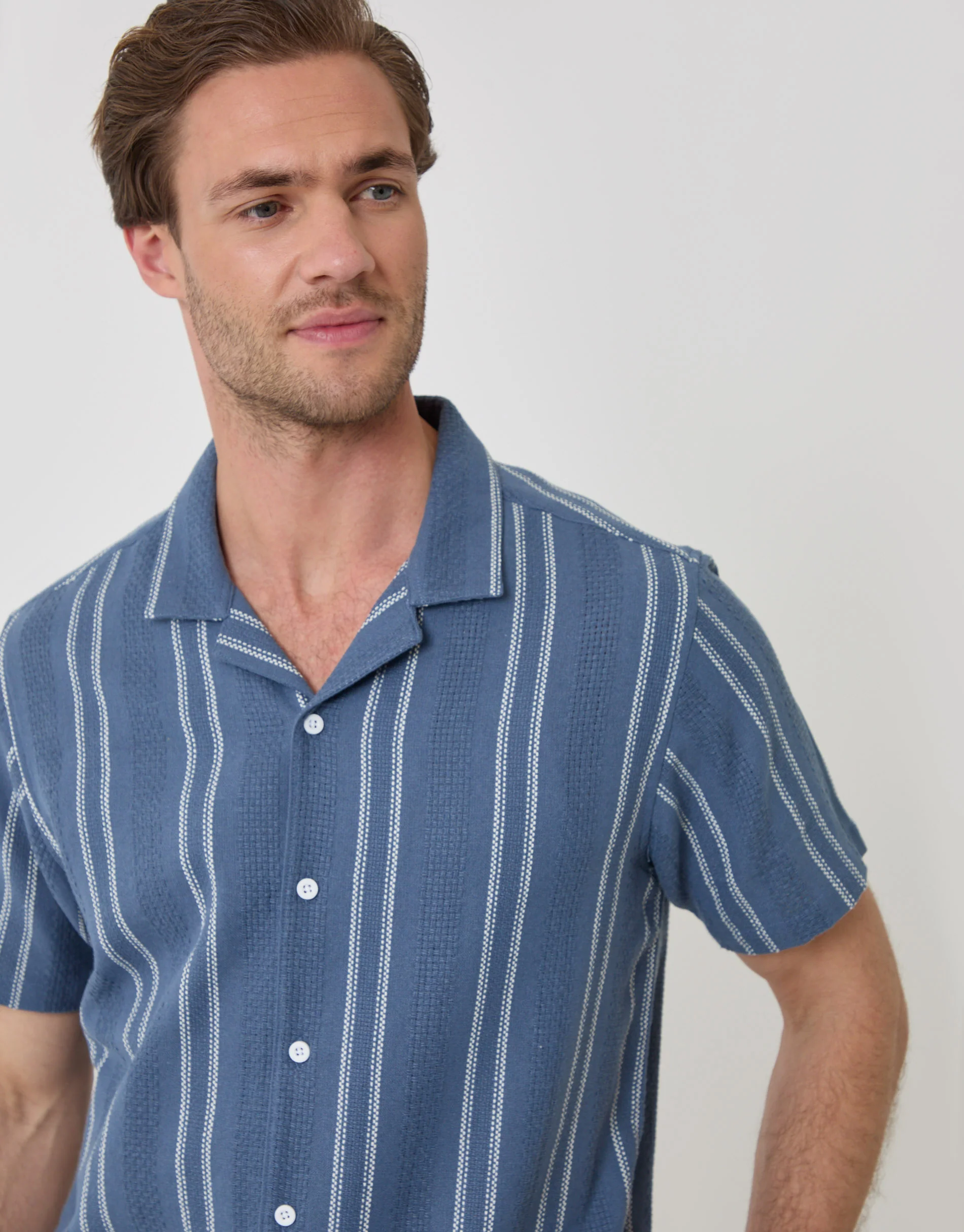 Stripe Knitted Cotton Blend Short Sleeve Shirt in Blue - Image 2
