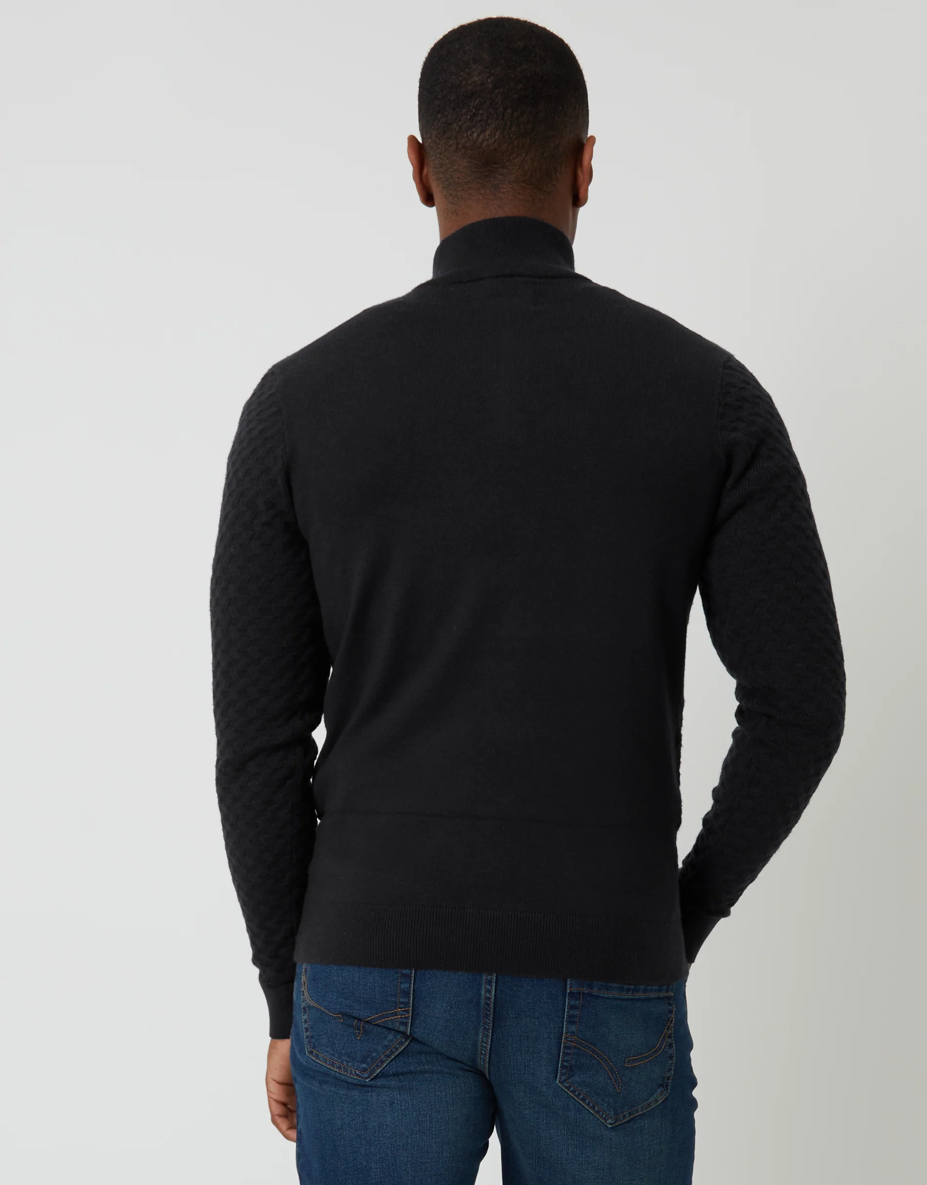 Textured Cable Knit Quarter Zip Jumper in Black - Image 2