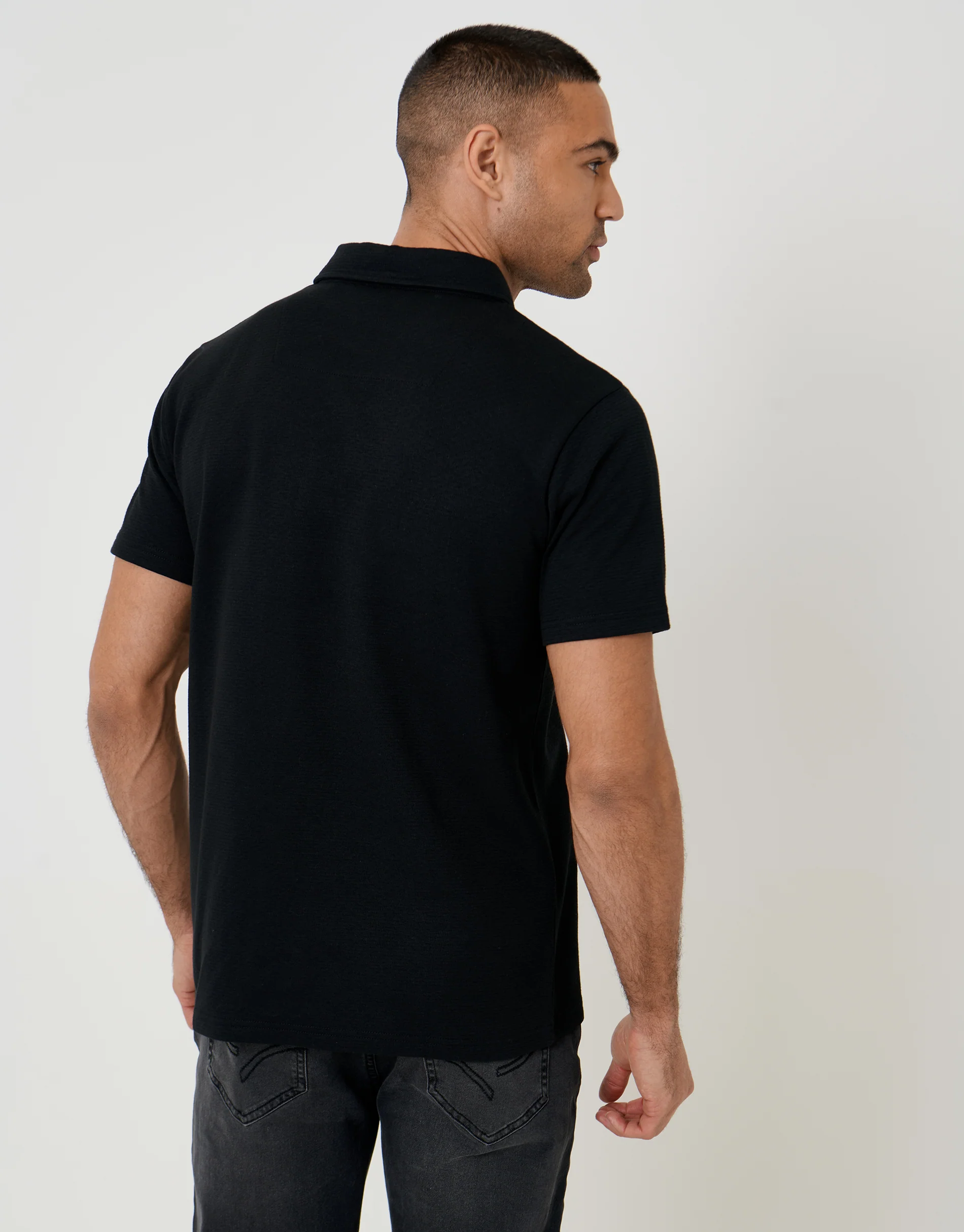 Textured Hidden Placket Polo Shirt in Black - Image 2
