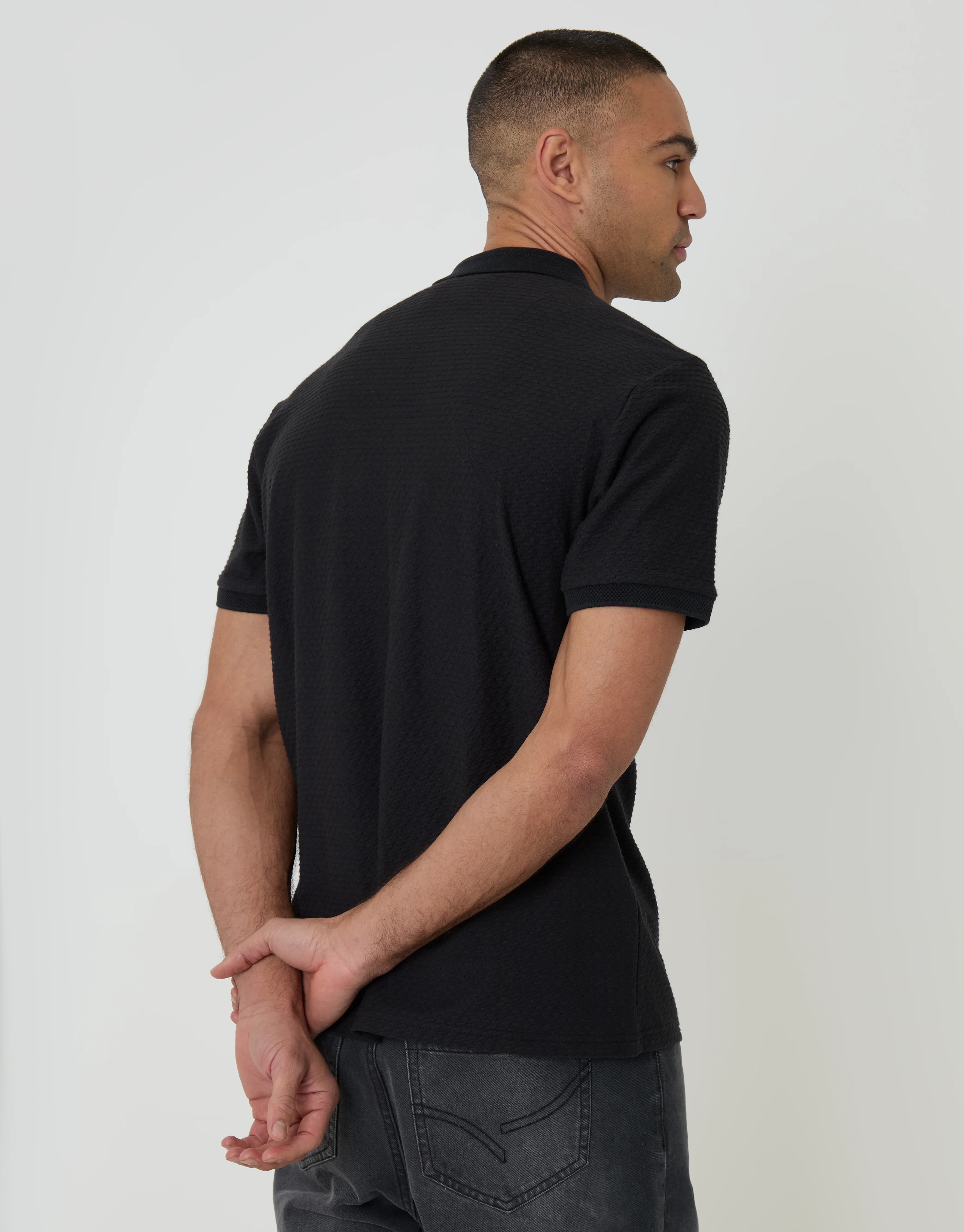 Textured Quarter Zip Polo Shirt in Black - Image 2