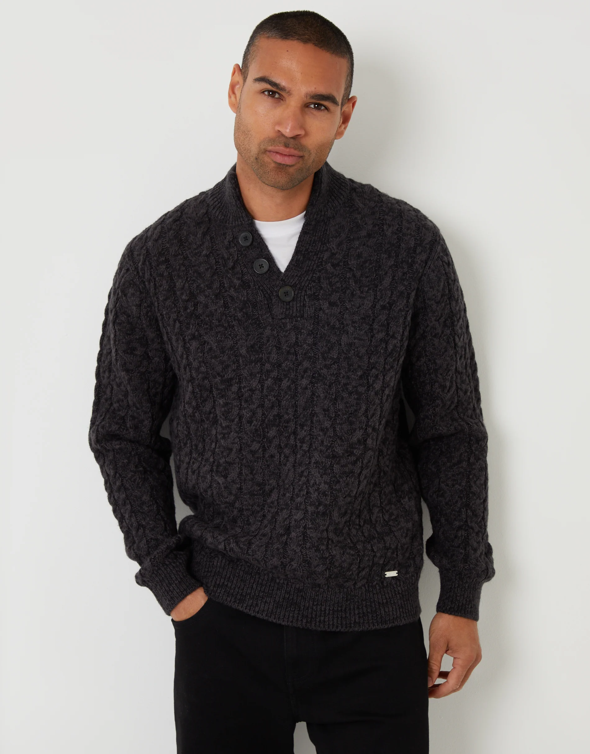 Funnel Neck Cable Knit Jumper in Black Twist