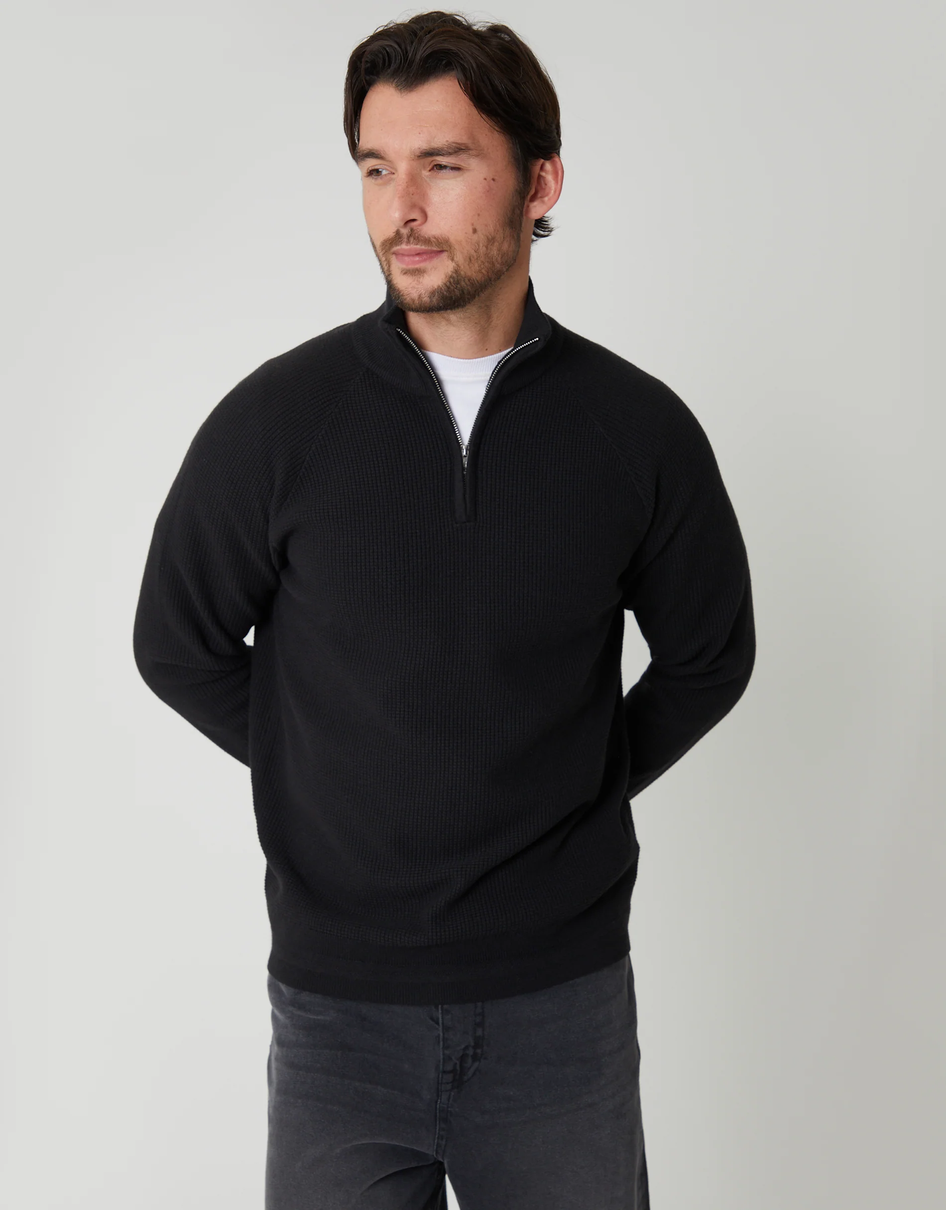 Waffle Knit Raglan Quarter Zip Jumper in Black