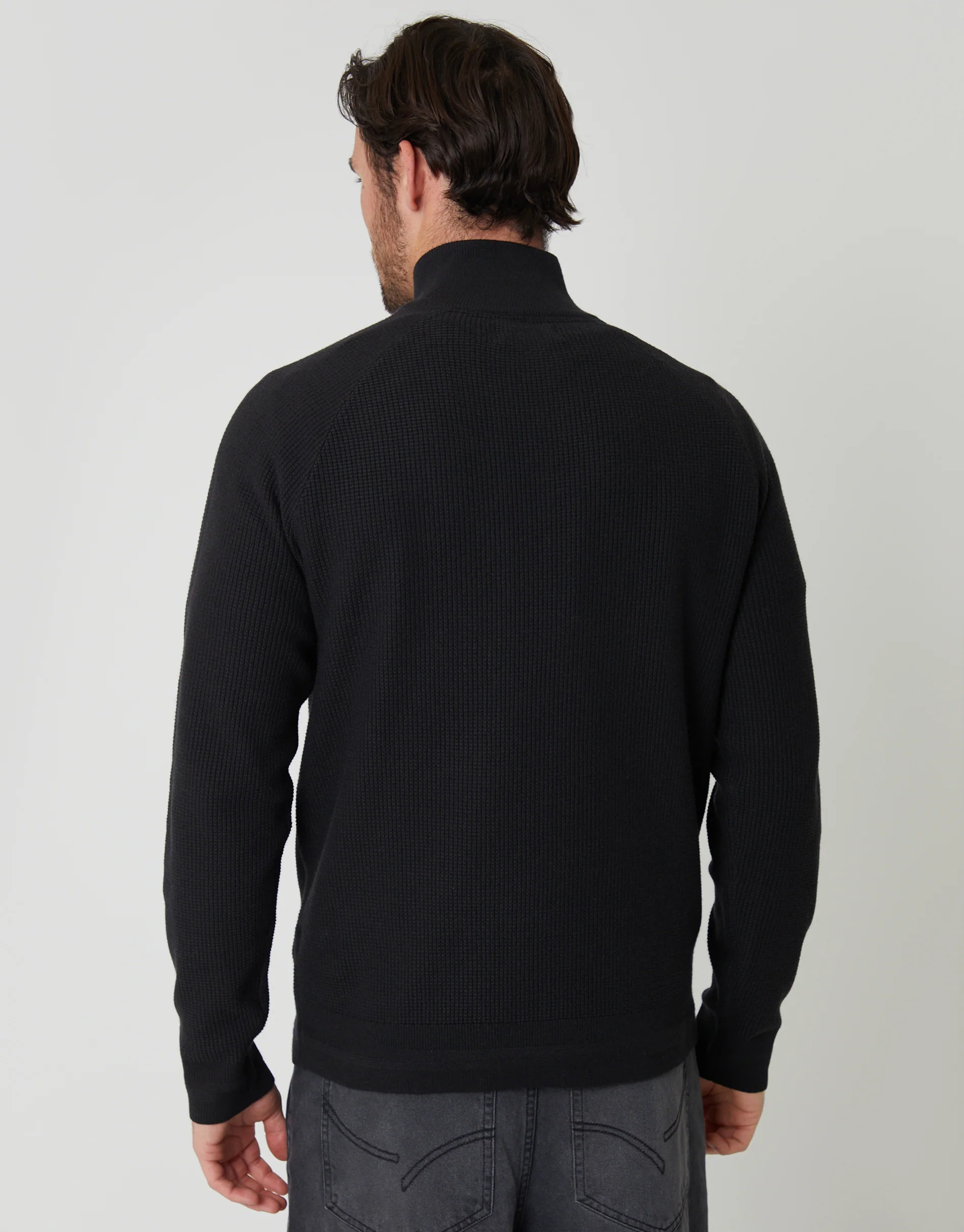 Waffle Knit Raglan Quarter Zip Jumper in Black - Image 2