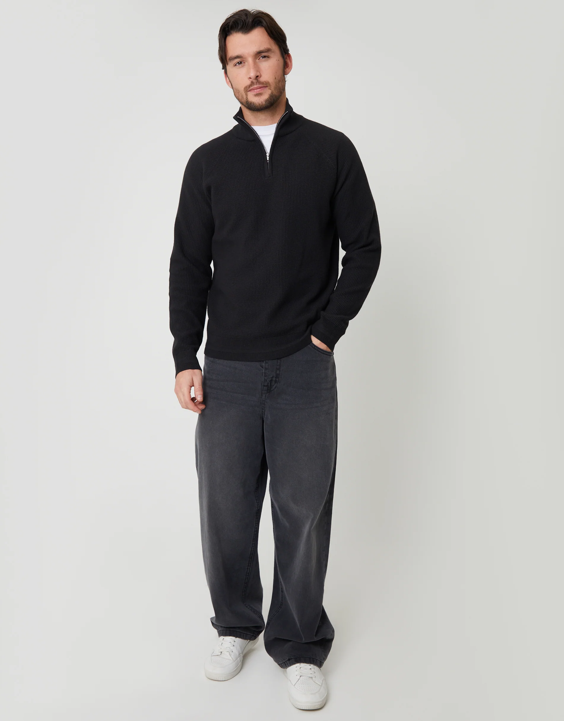 Waffle Knit Raglan Quarter Zip Jumper in Black - Image 3
