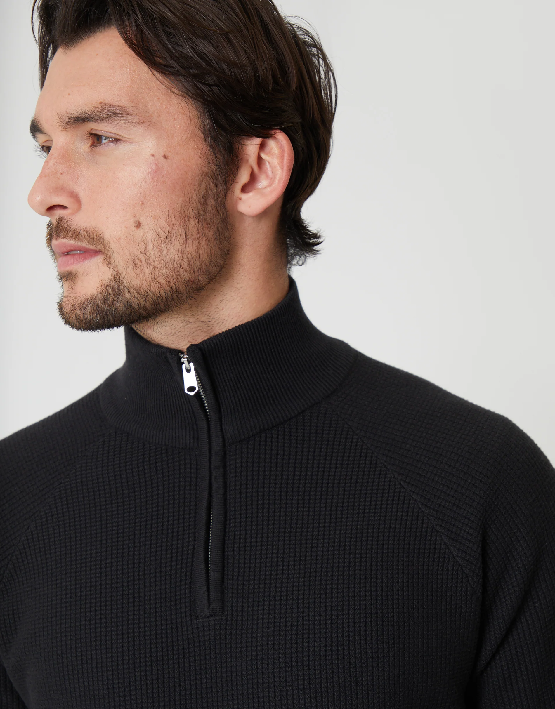 Waffle Knit Raglan Quarter Zip Jumper in Black - Image 4