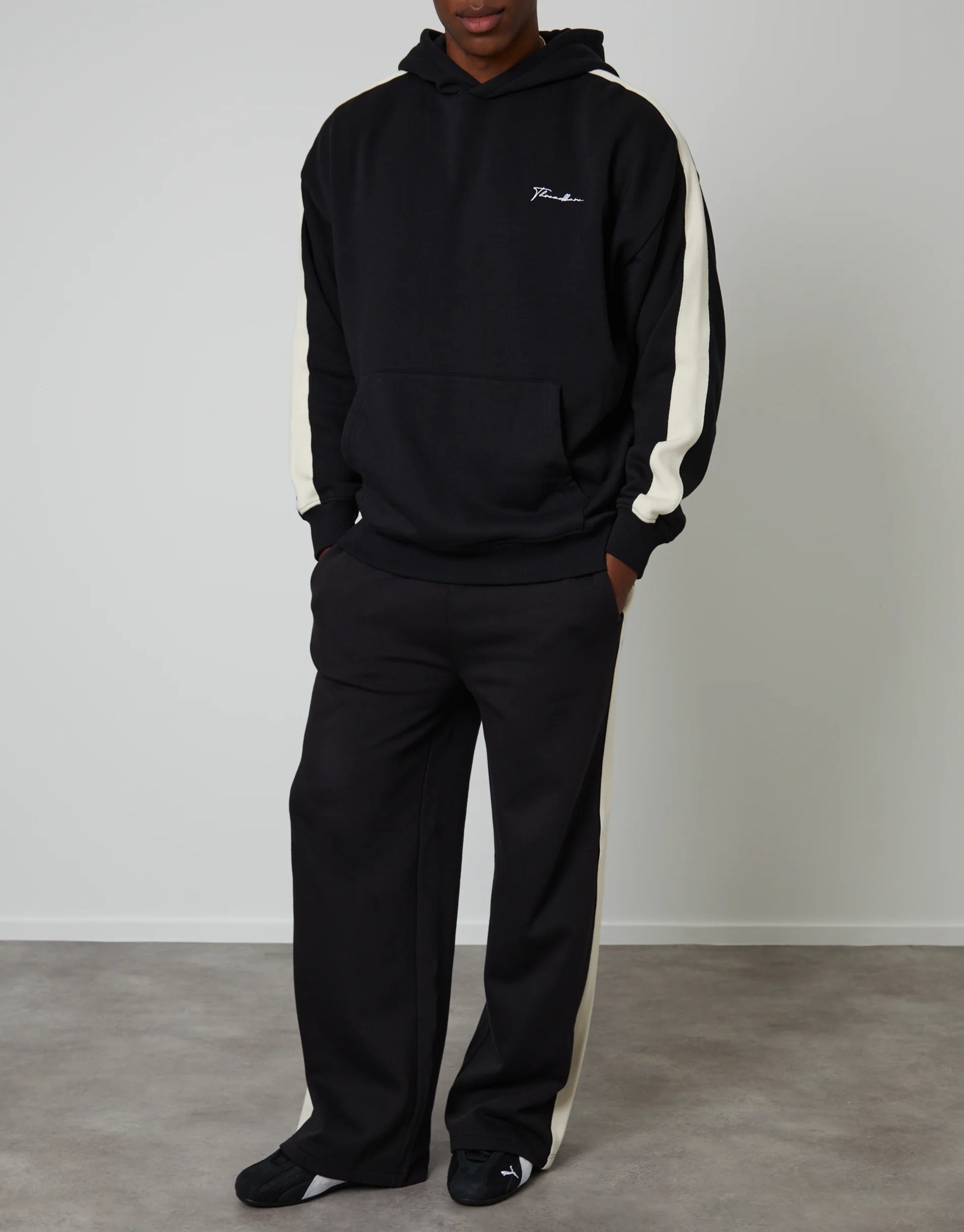 Wide Leg Side Stripe Joggers in Black - Image 3