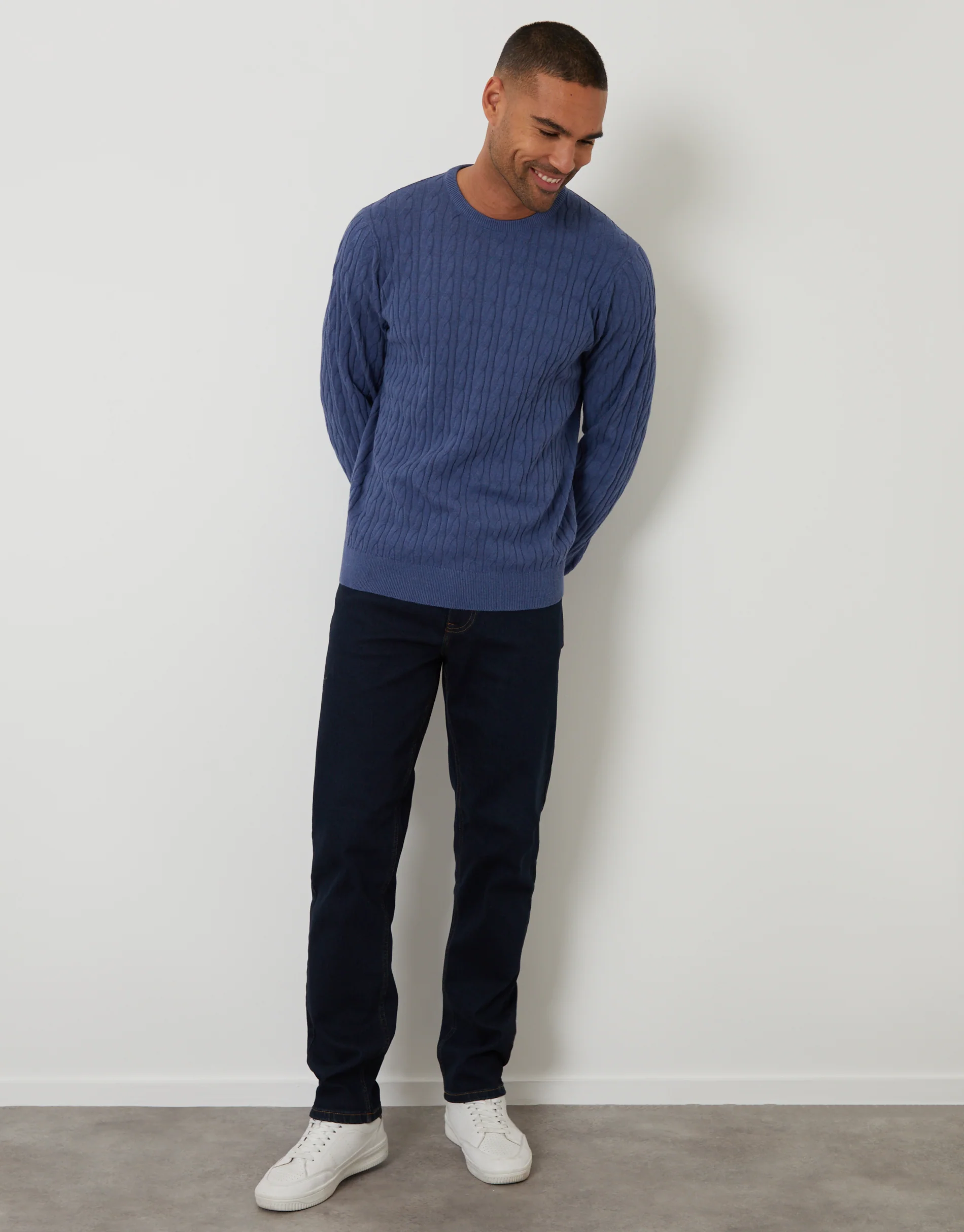 Cable Knit Crew Neck Jumper in Blue - Image 3