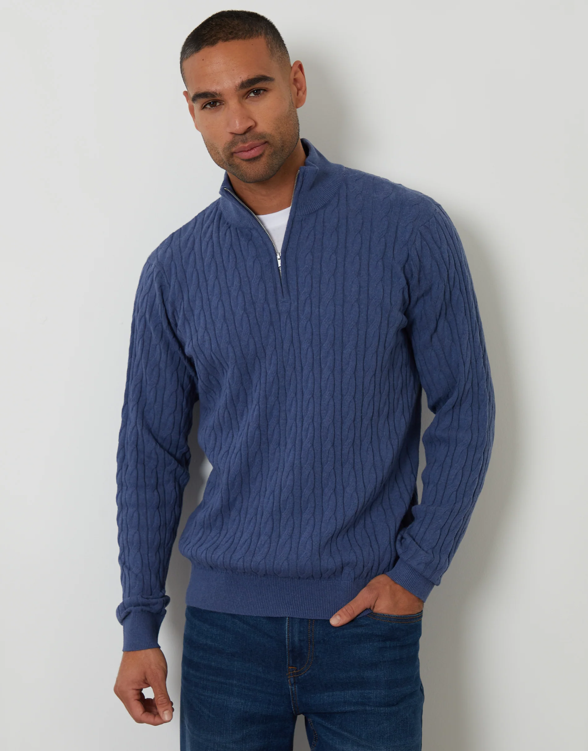 Cable Knit Quarter Zip Jumper in Blue