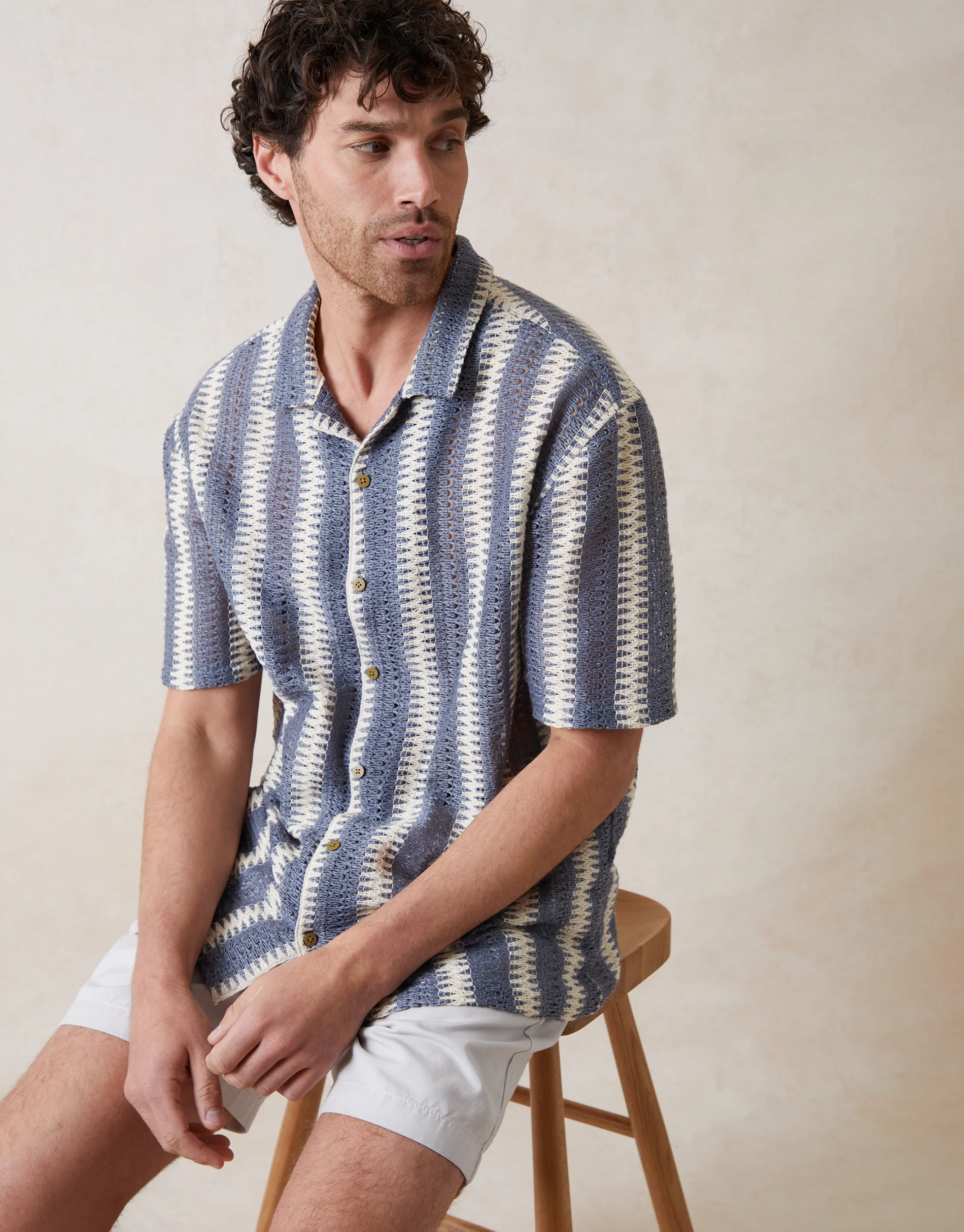 Relaxed Fit Crochet Short Sleeve Shirt in Blue & Ecru - Image 2