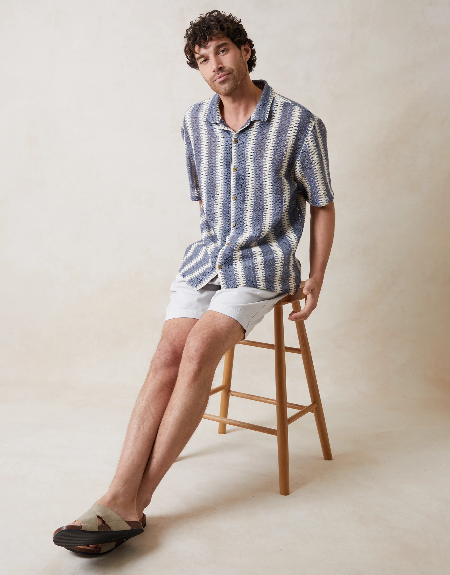 Relaxed Fit Crochet Short Sleeve Shirt in Blue & Ecru - Image 3