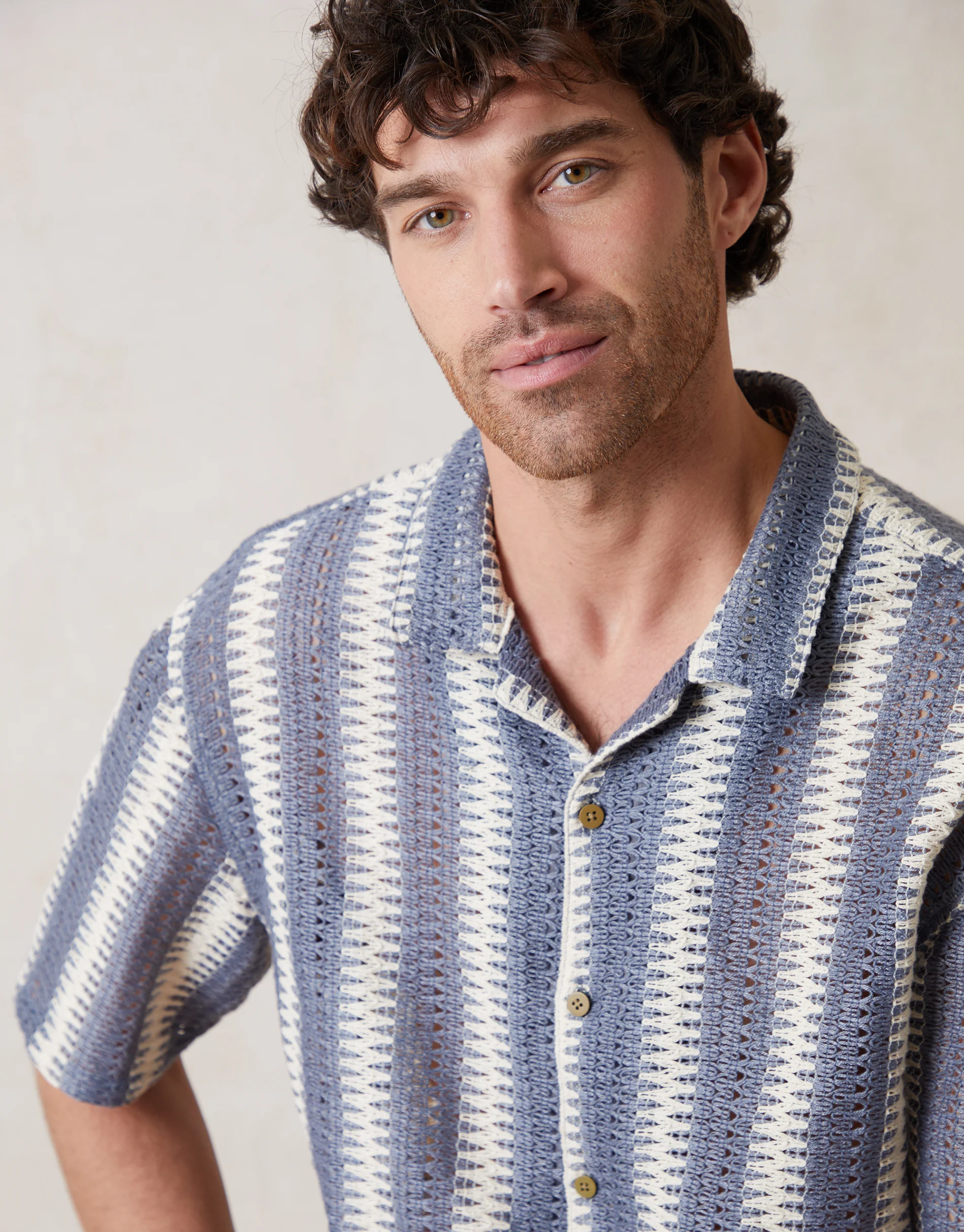 Relaxed Fit Crochet Short Sleeve Shirt in Blue & Ecru - Image 4