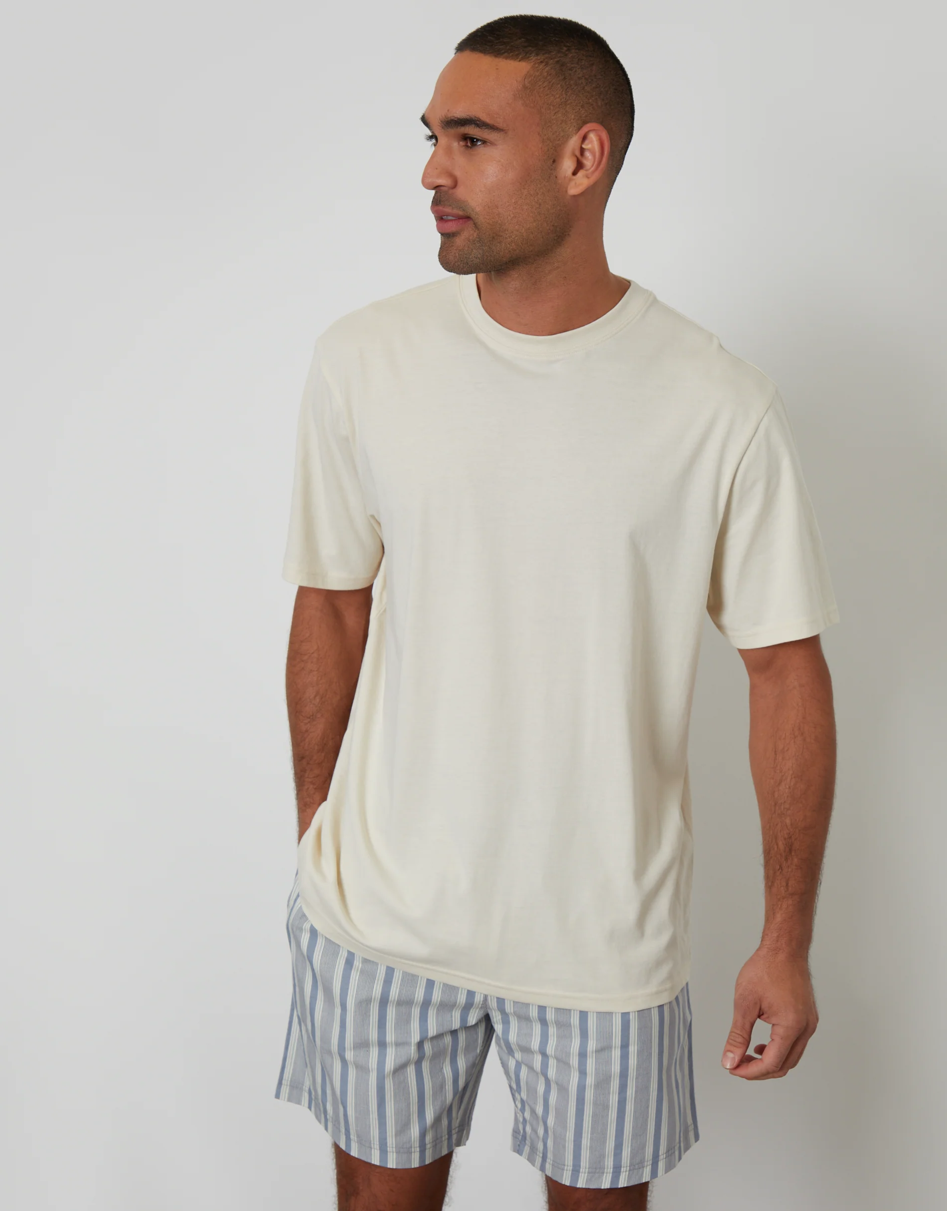 Relaxed Fit Pyjama T-Shirt & Shorts Set in Blue & Ecru Stripe