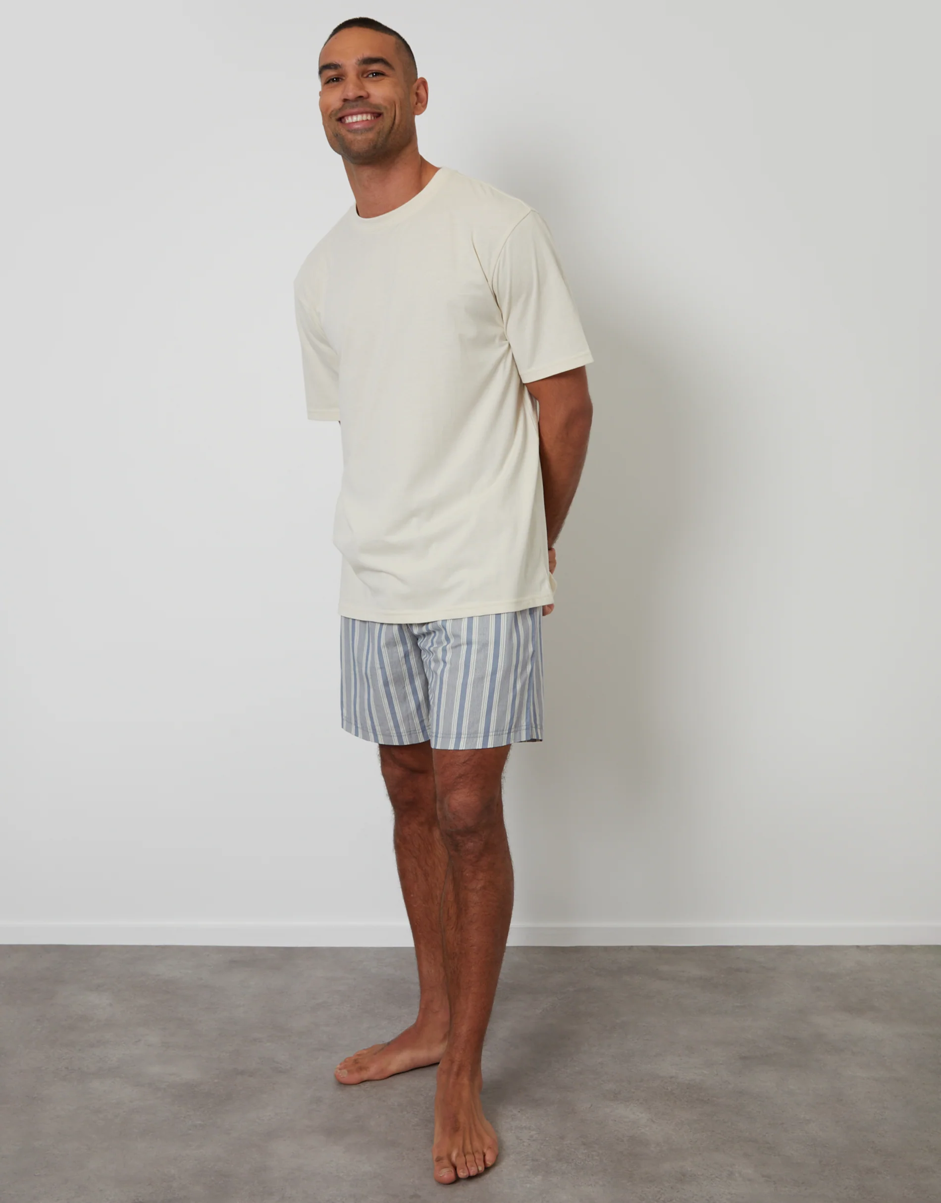 Relaxed Fit Pyjama T-Shirt & Shorts Set in Blue & Ecru Stripe - Image 3