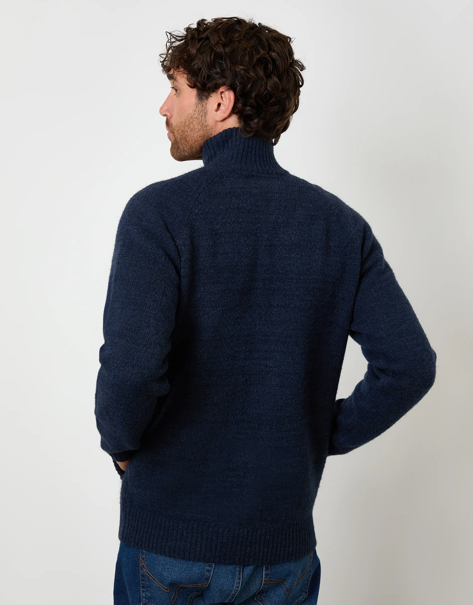 Funnel Neck Button Up Knitted Cardigan in Blue - Image 3