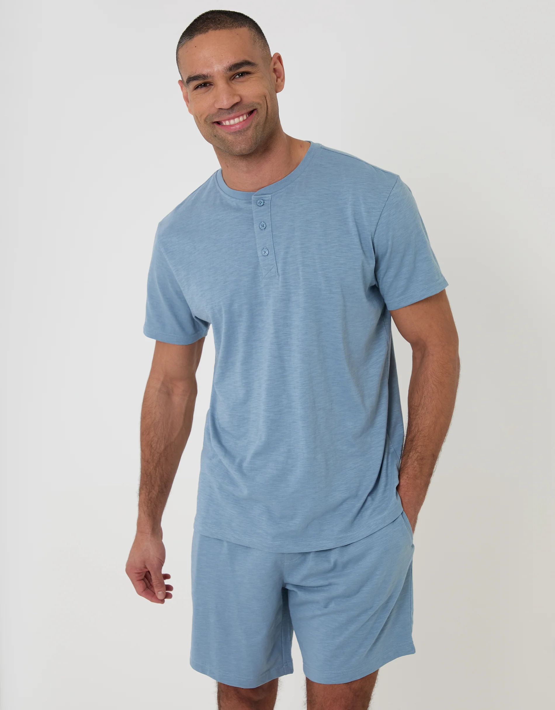 Grandad Top & Shorts Pyjama Set in Blue