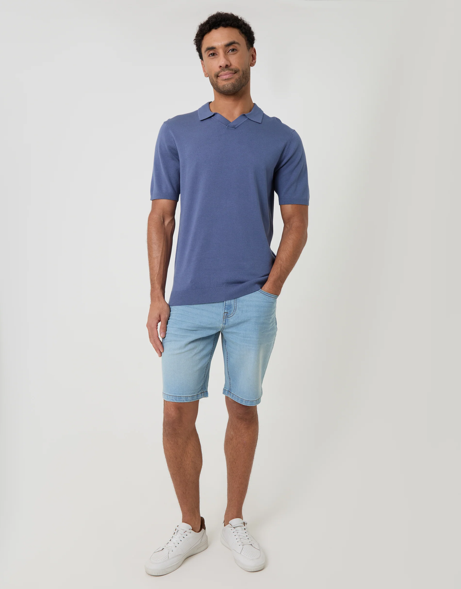Knitted Trophy Neck Polo in Blue - Image 3
