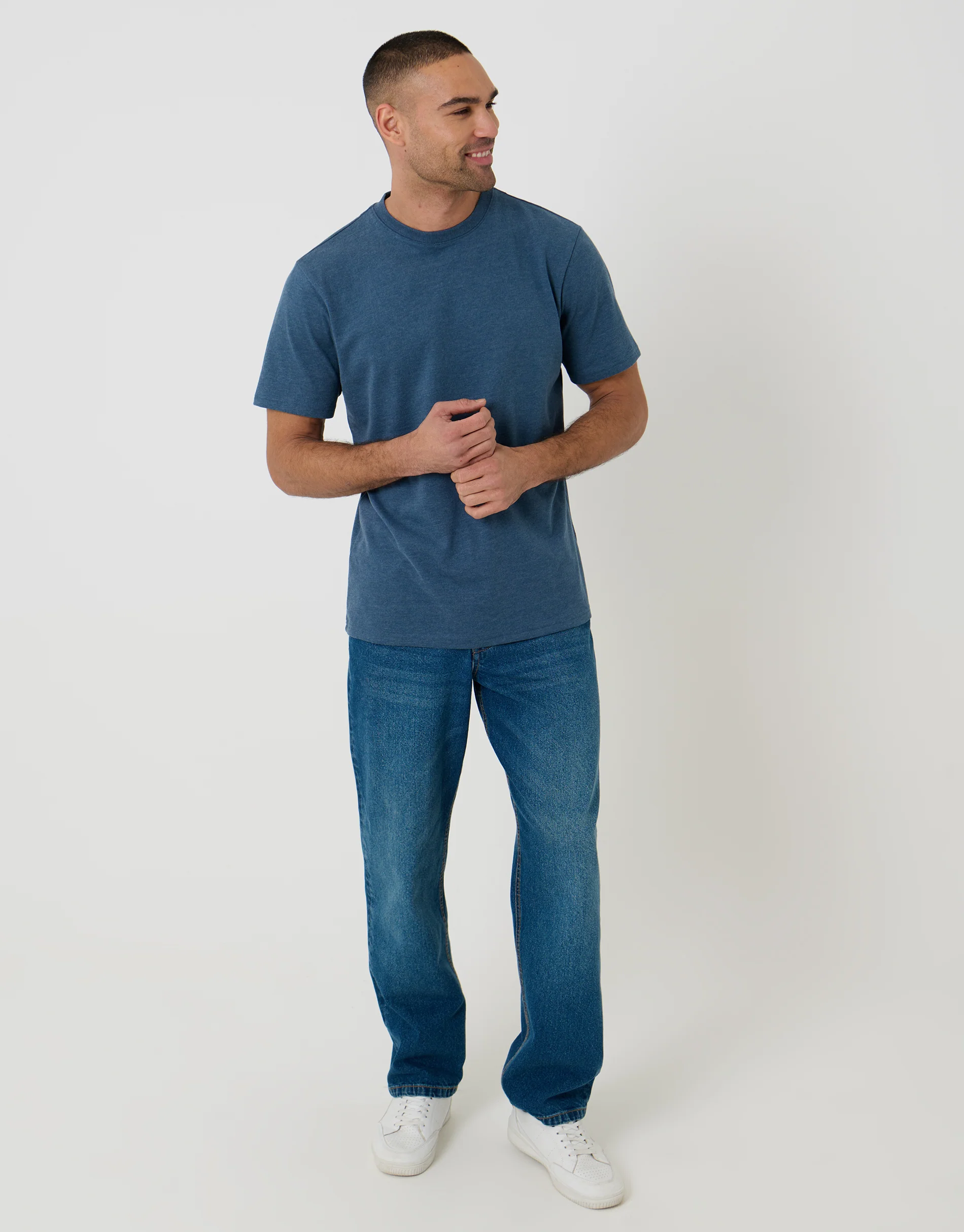 Peached Crew Neck T-Shirt in Blue Marl - Image 3