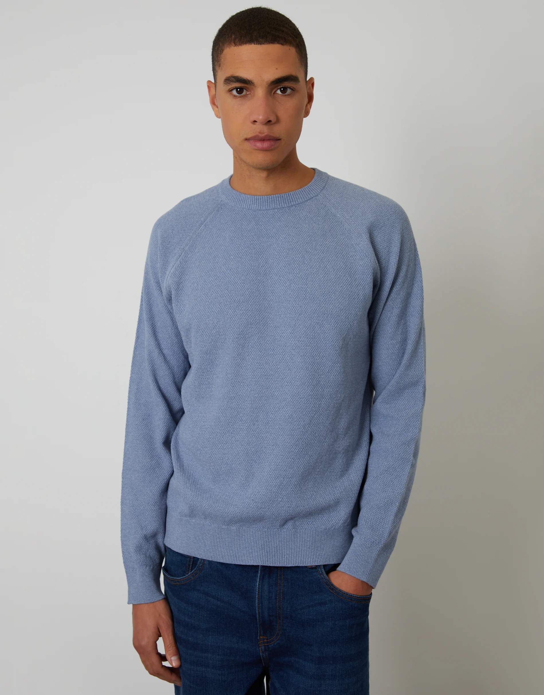 Raglan Knitted Crew Neck Jumper in Blue Marl