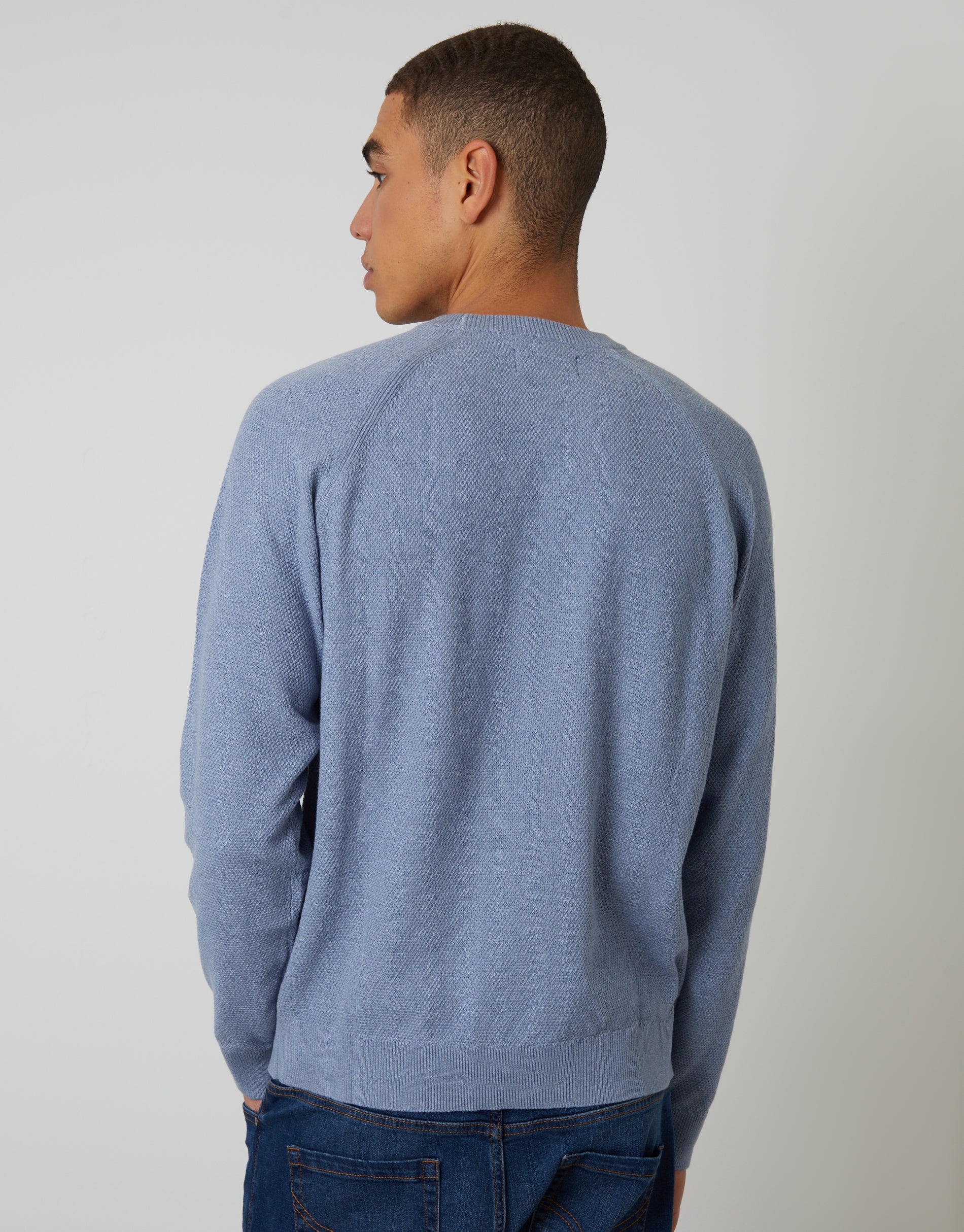Raglan Knitted Crew Neck Jumper in Blue Marl - Image 2