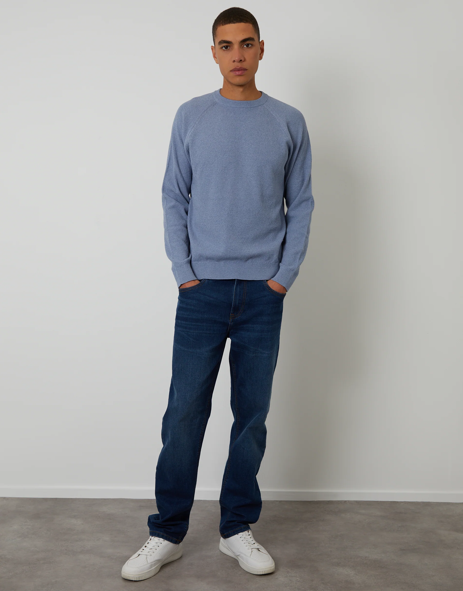 Raglan Knitted Crew Neck Jumper in Blue Marl - Image 3