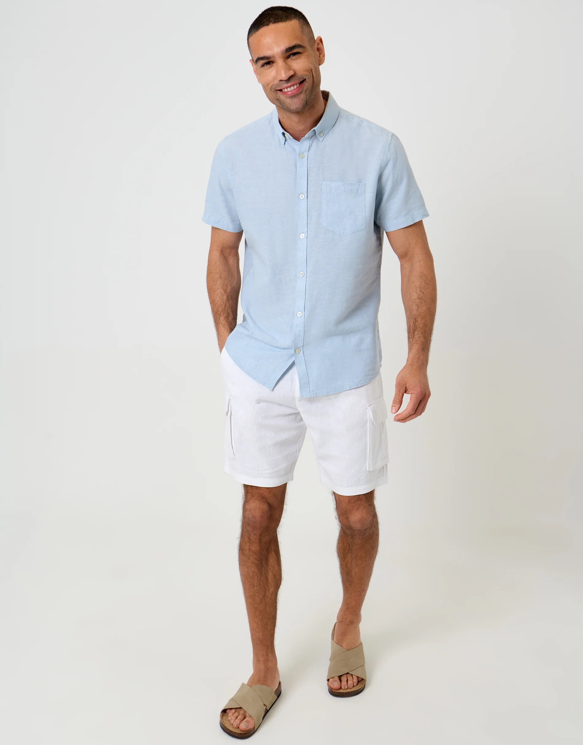 Light Short Sleeve Linen Blend Shirt in Blue - Image 3