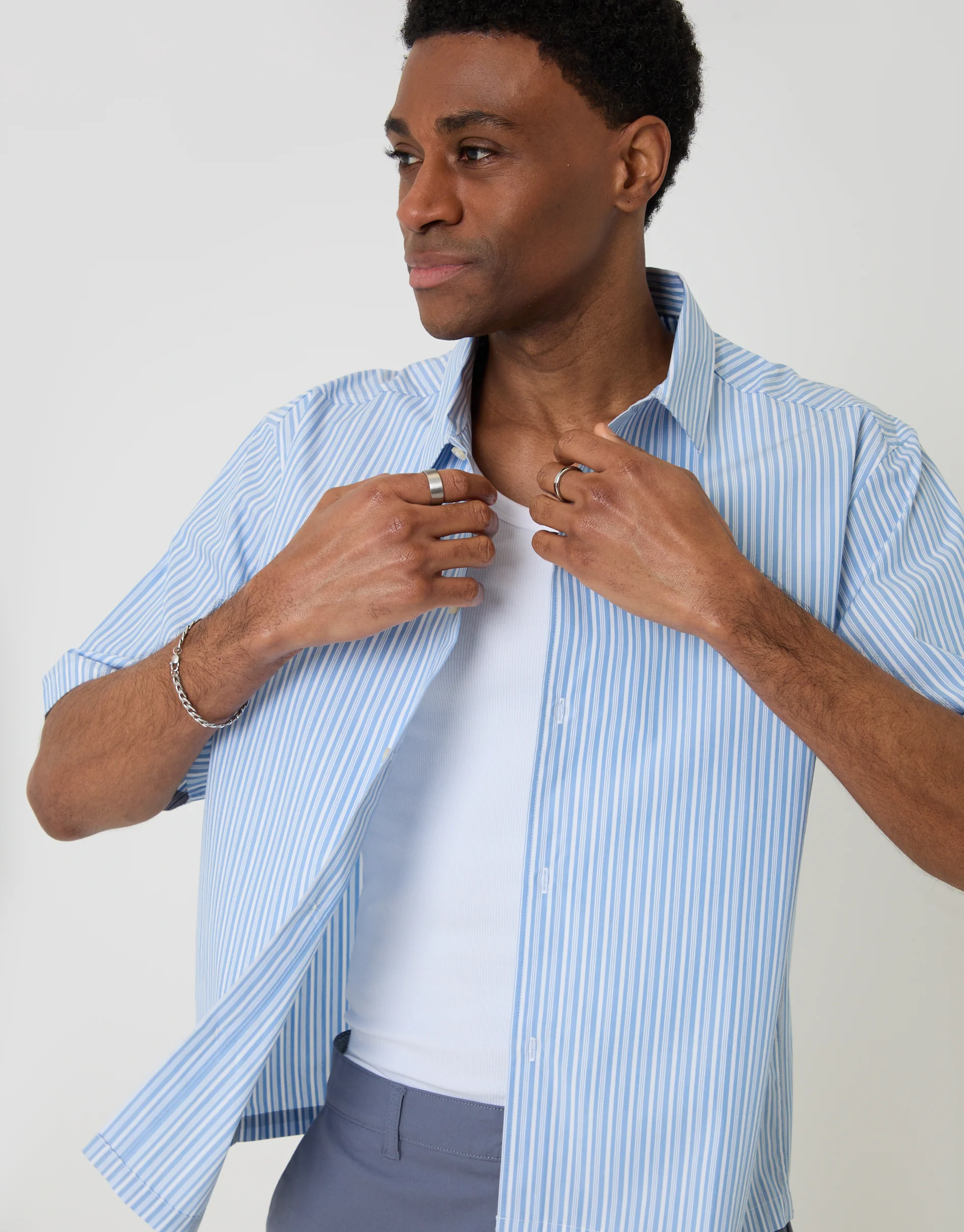 Boxy Fit Cotton Poplin Short Sleeve Shirt in Blue Stripe